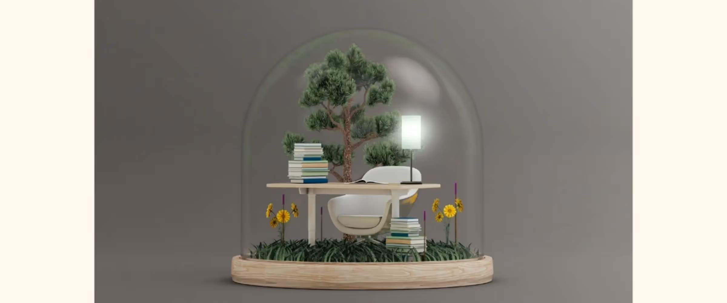 A graphic snowglobe containing a desk and chair with a pile of books amid a nature scene of a tree, grasses, and flowers.