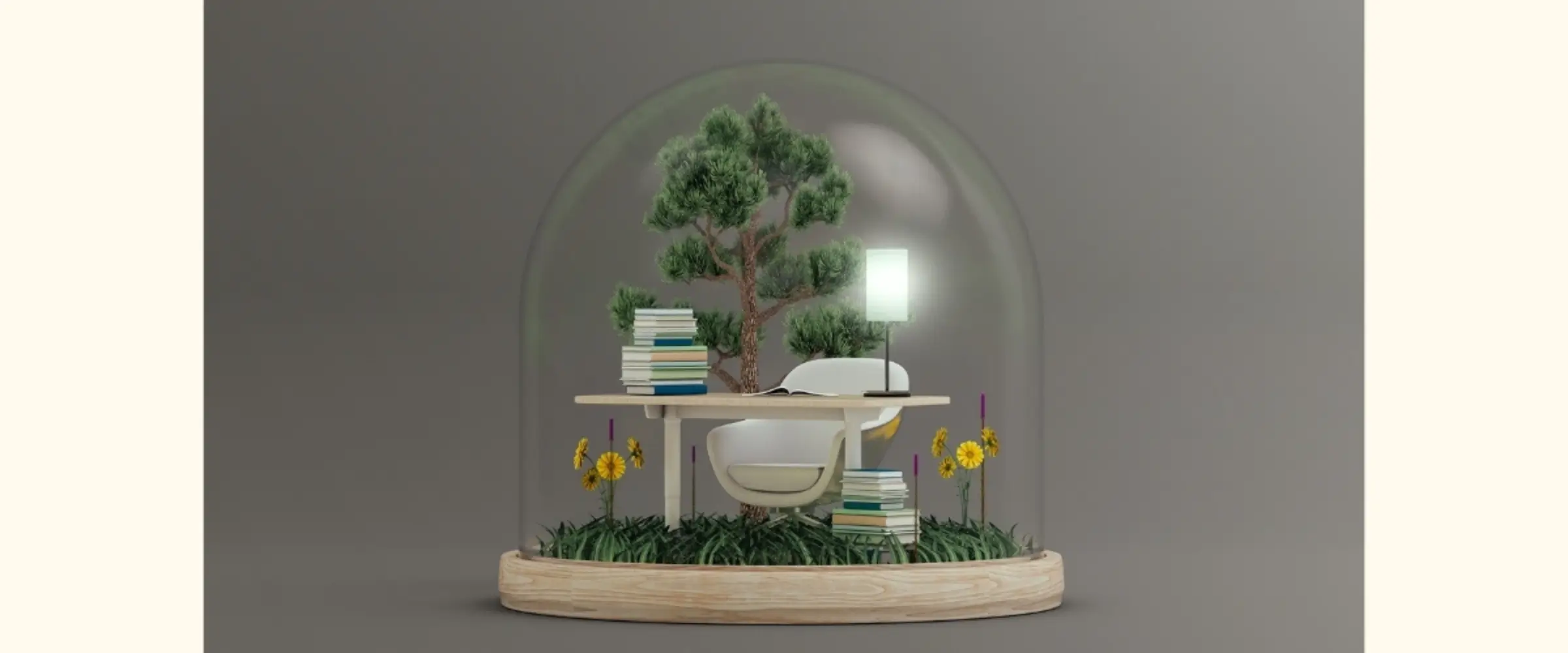 A graphic snowglobe containing a desk and chair with a pile of books amid a nature scene of a tree, grasses, and flowers.