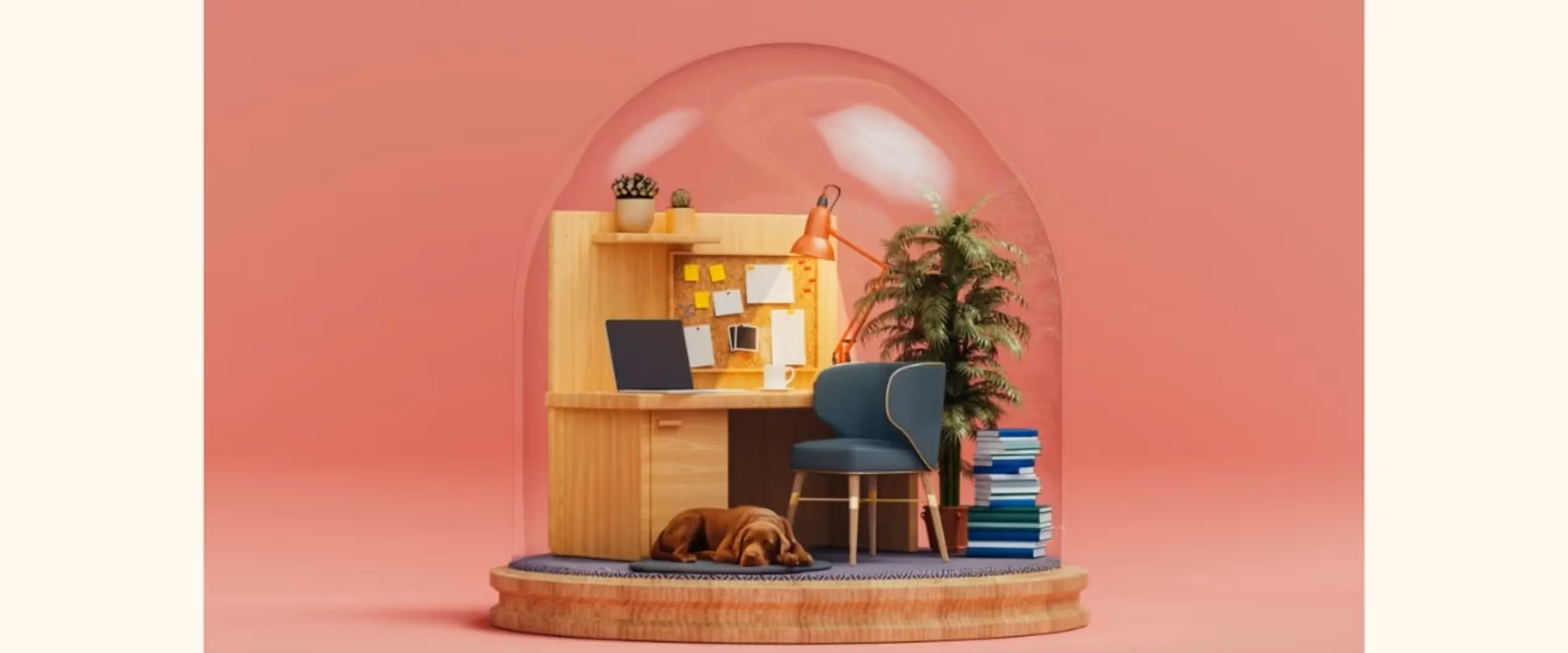 A graphic snowglobe containing a desk, chair, books, pot plant, and a dog asleep on the floor.