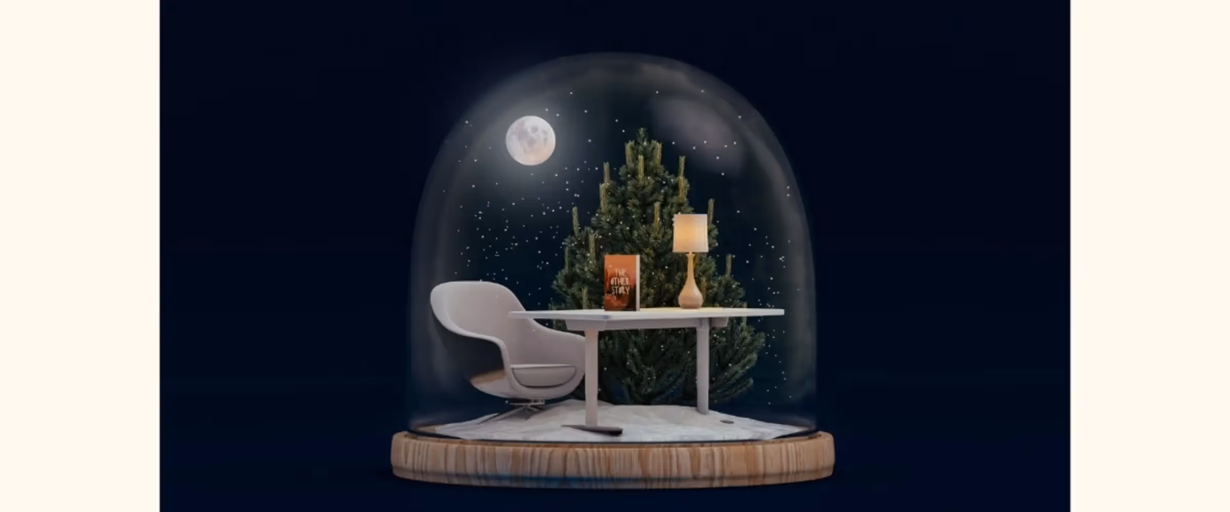 Graphic of a snowglobe containing a desk, chair, and a book against a fir tree amid a dark, starlit night.