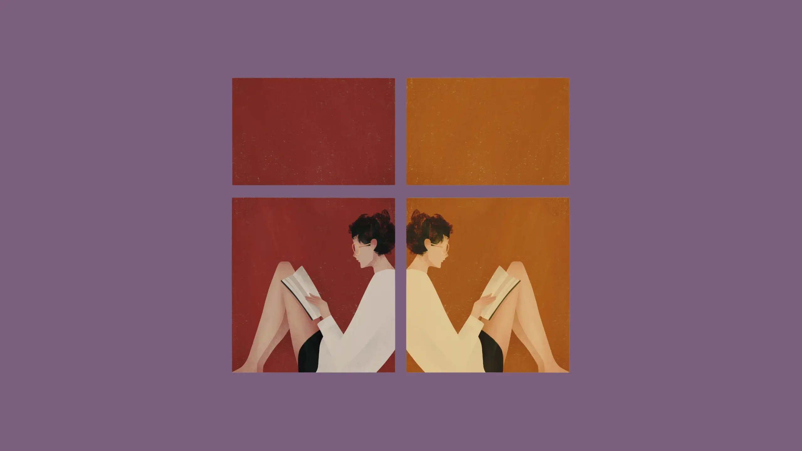 Illustration of two people sitting back to back in windowframes, each reading a book.