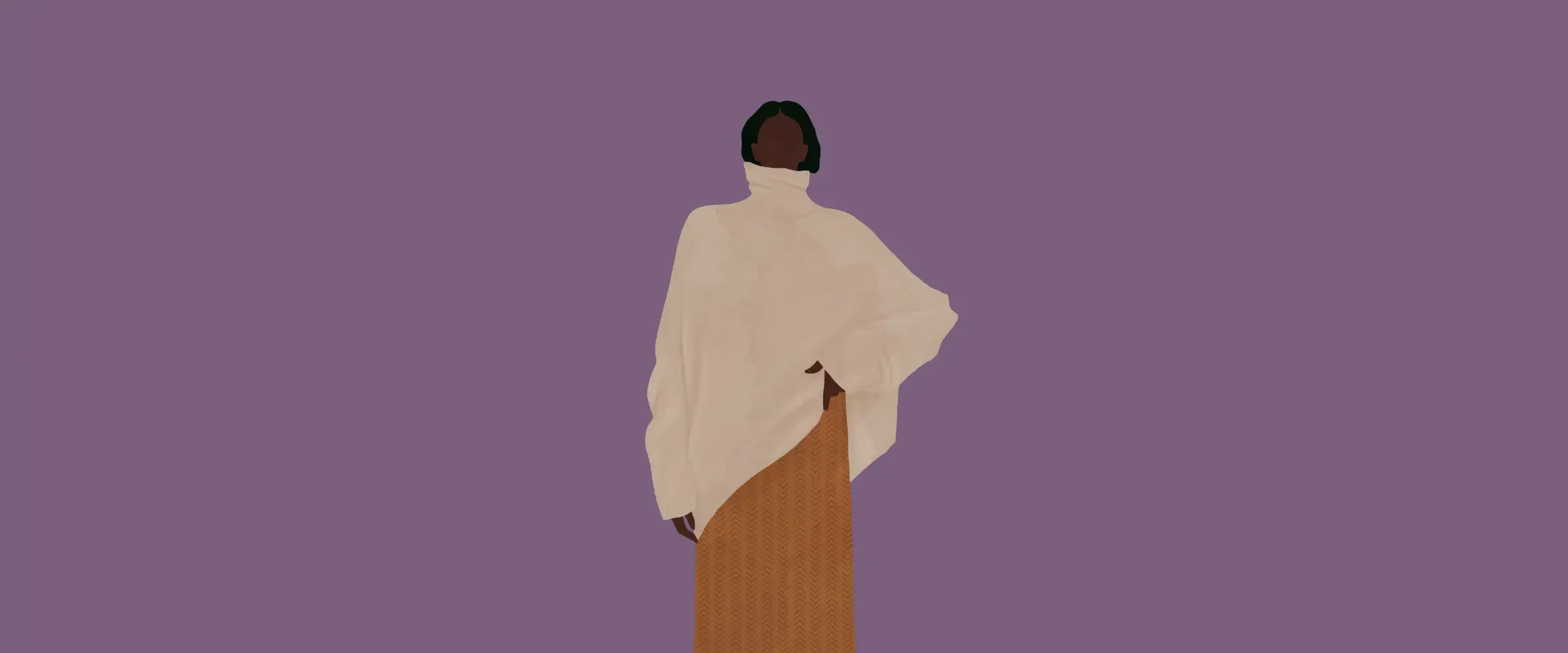 A woman in a large rollneck sweater looks straight out at the viewer. 