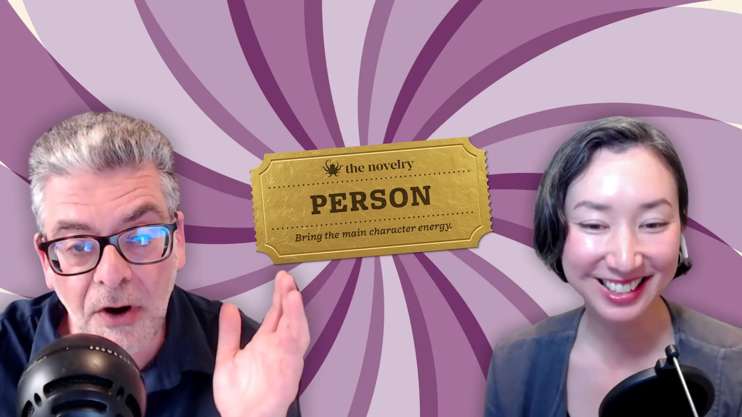Authors and writing coaches David Solomons and Andrea Stewart sit with microphones against a swirly purple background.