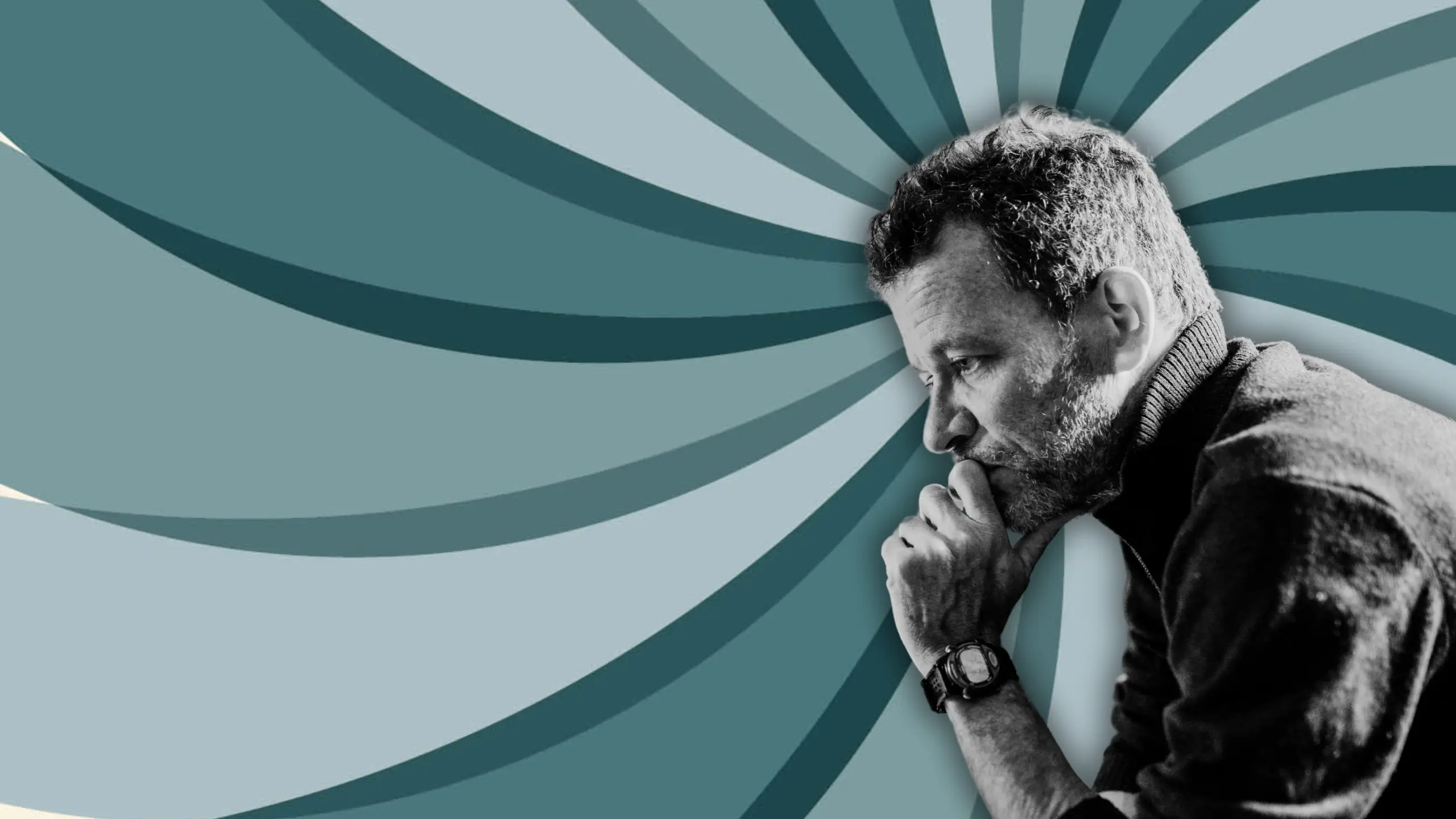 Award-winning author of Life of Pi, Yann Martel, looking thoughtful against a swirly teal background.