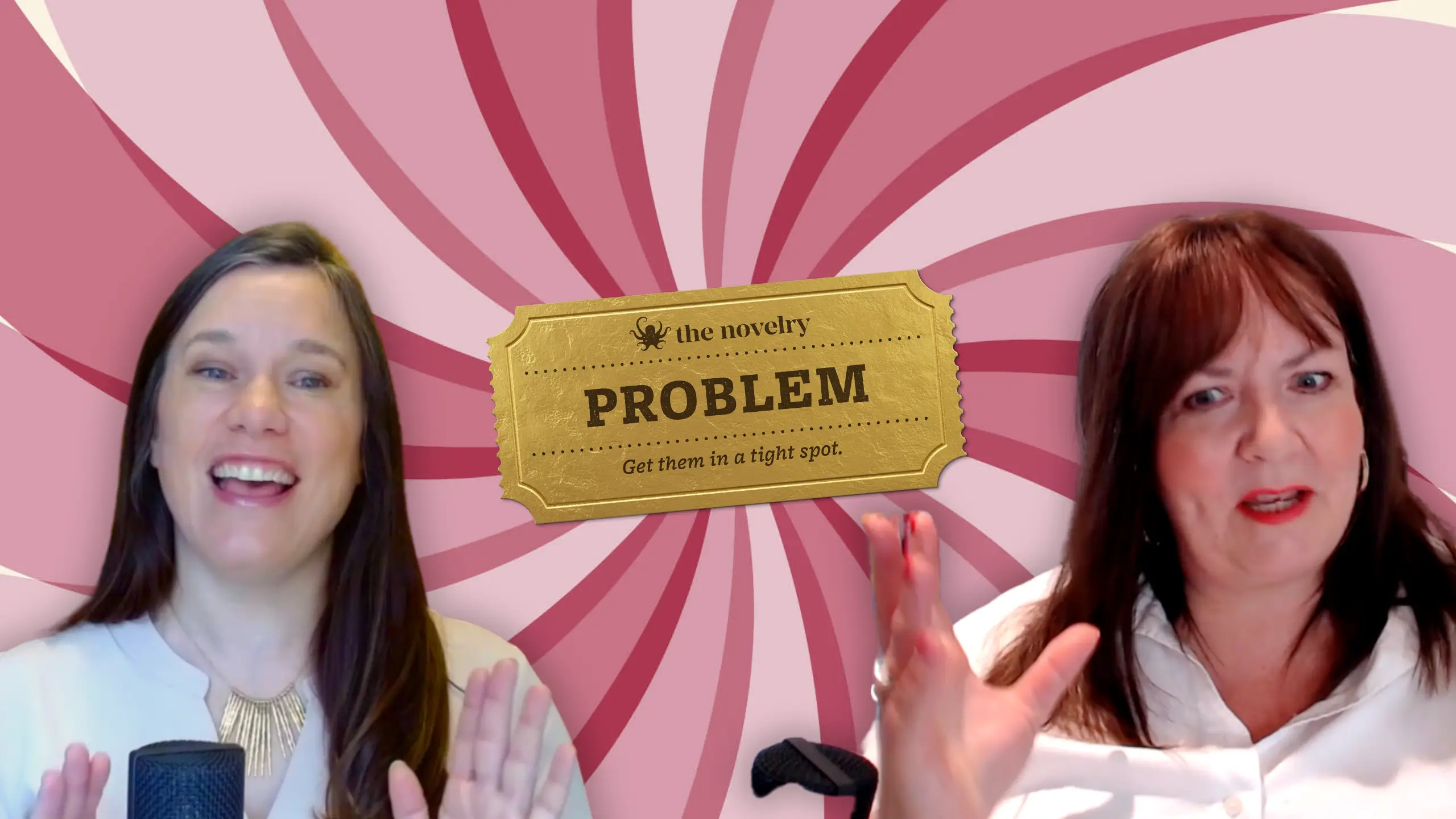 Authors Melanie Conklin and Amanda Reynolds with podcast microphones against a swirly pink background.