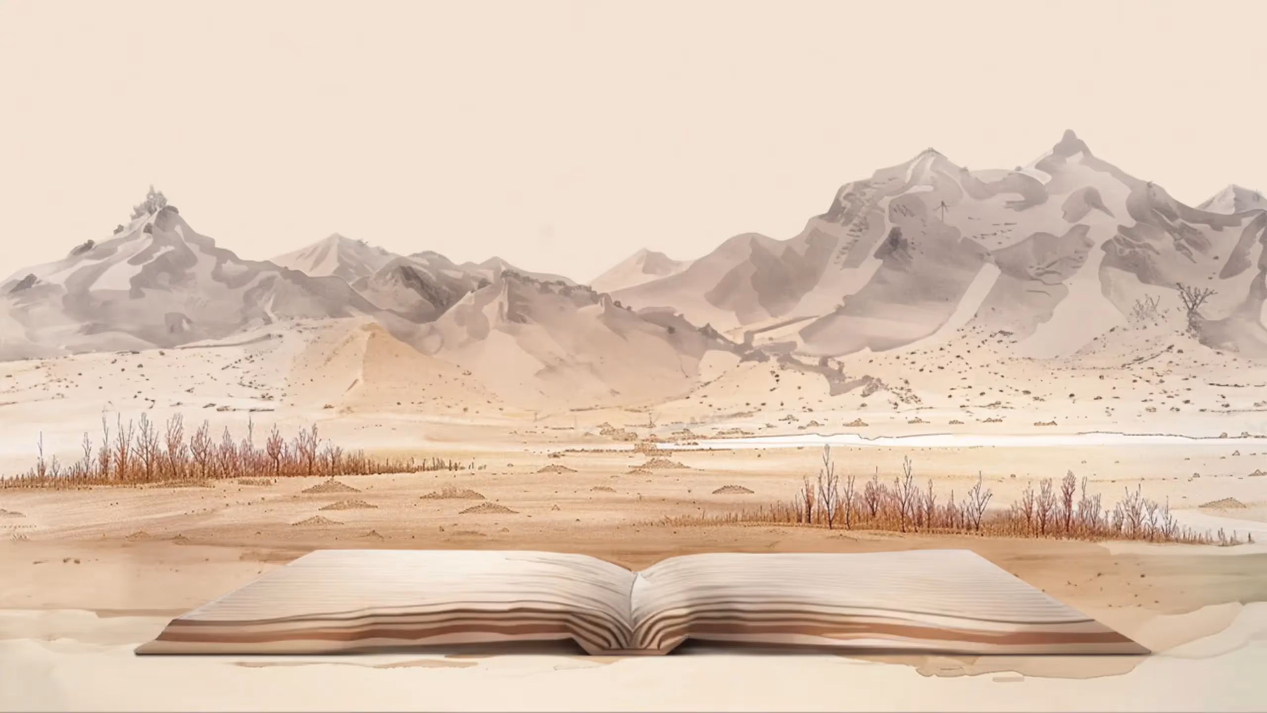 Illustration of a large book laying open against a mountainous backdrop.
