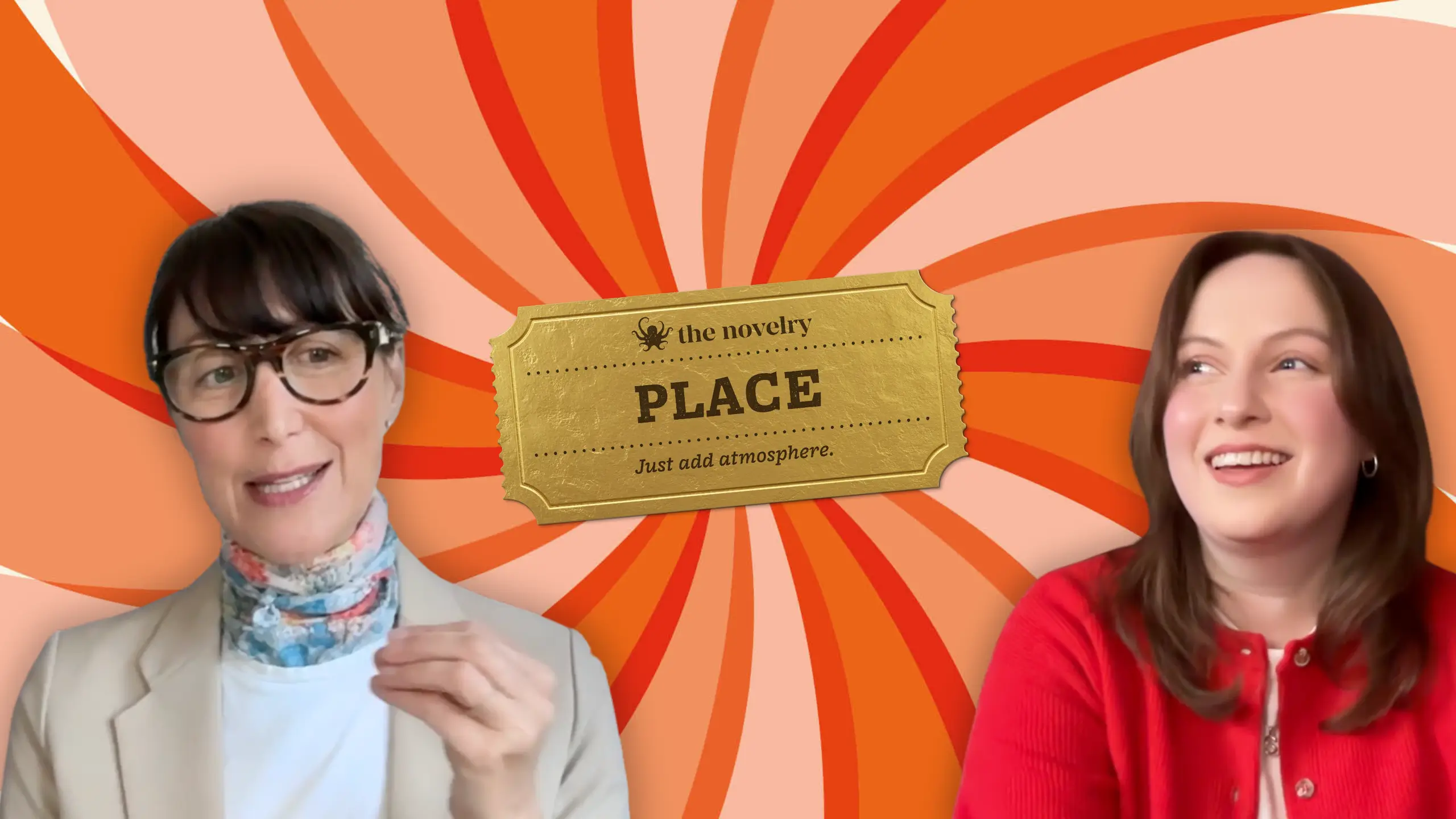 Author and writing coach Gina Sorell and editor Sorcha Rose against a swirly orange background.