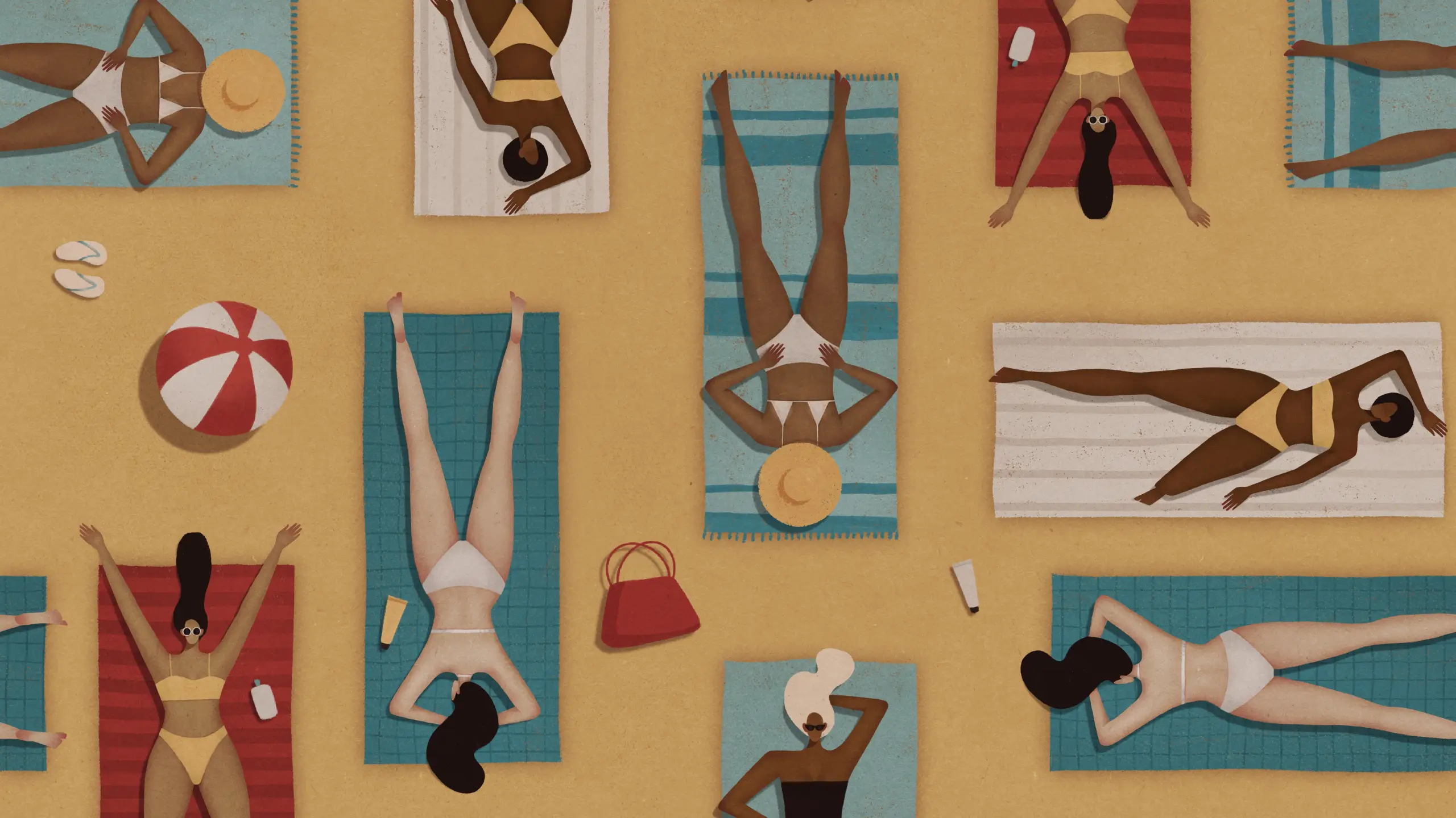 Overhead illustration of various female bodies lying on towels on a beach.