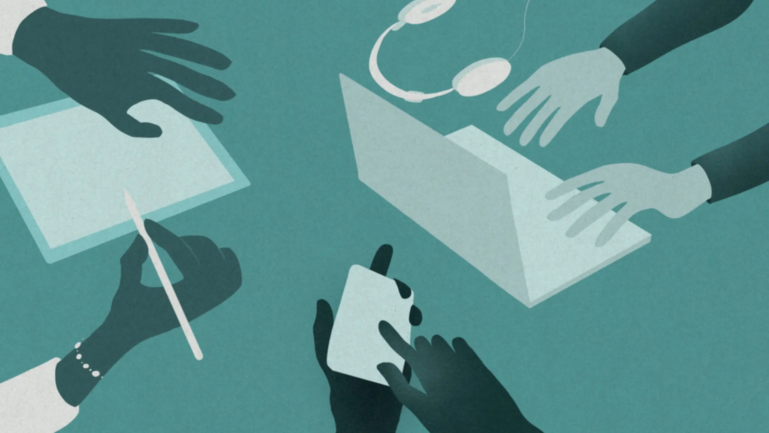 Illustration of three pairs of hands working on a laptop, a phone, and a tablet.