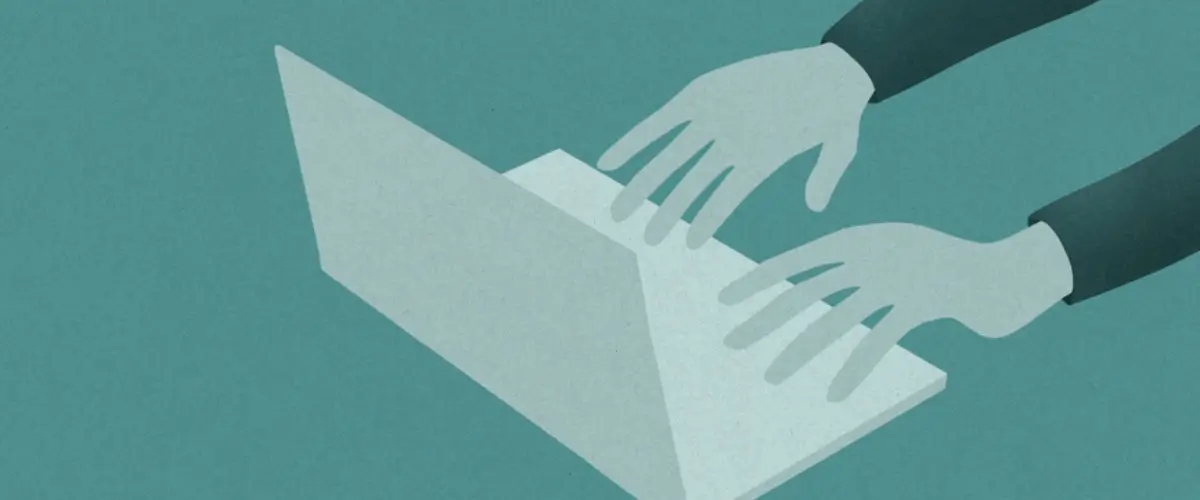Illustration of hands typing on a laptop.