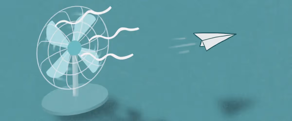 Illustration of a paper plane being blown through the air by an electronic fan.