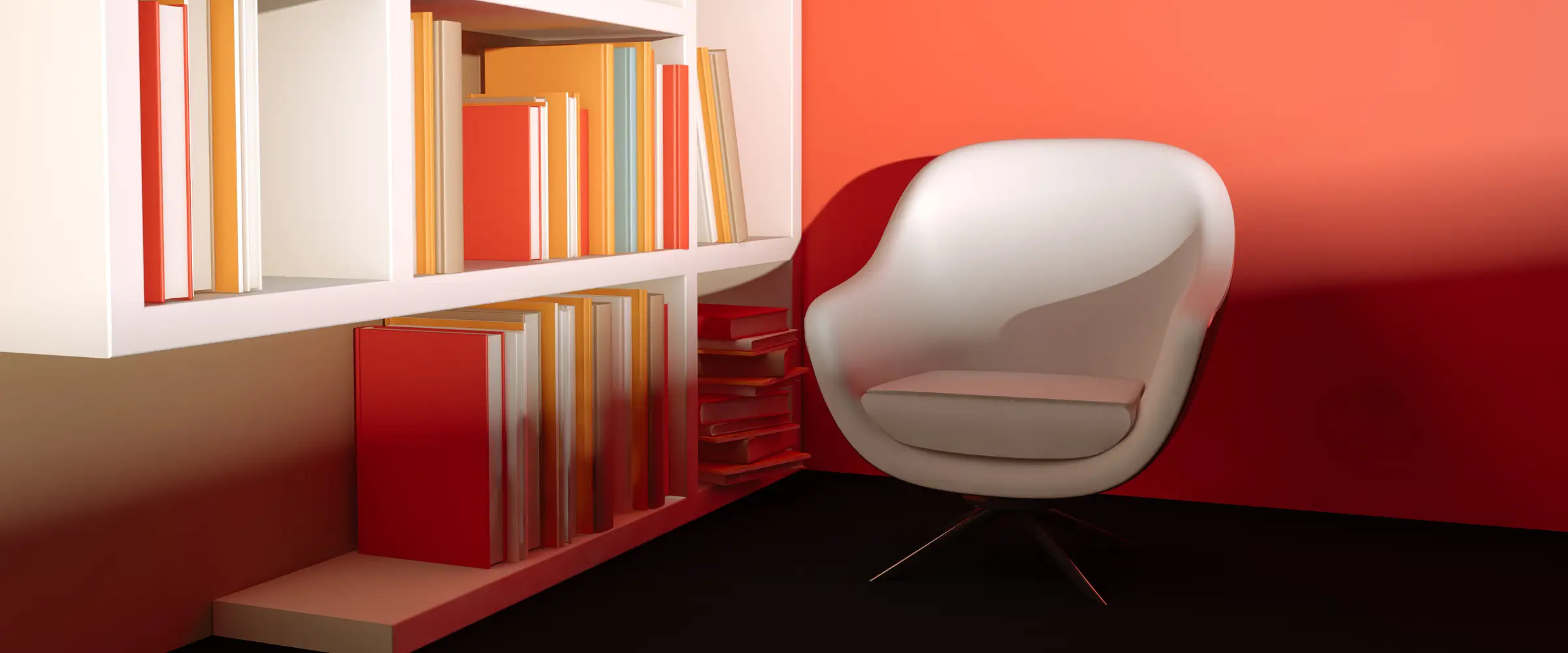 a white chair with a bookshelf in front of an orange wall