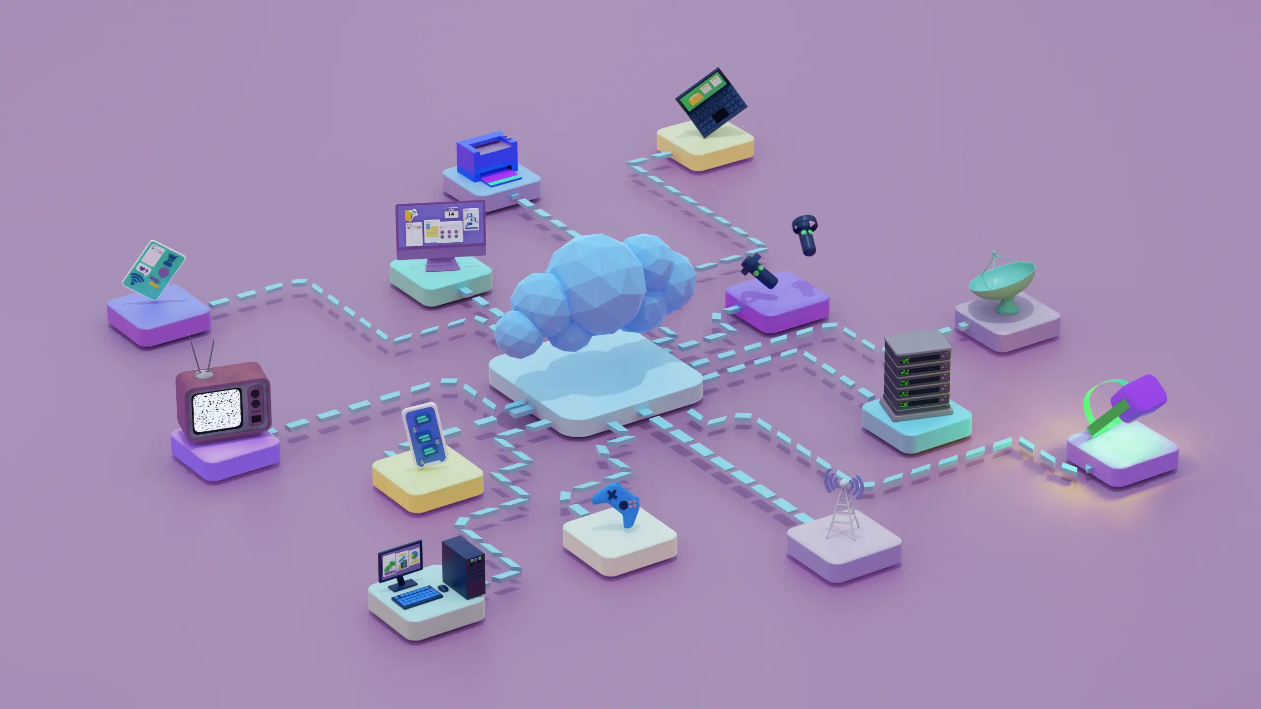 An artistically designed interconnecting network of different technology devices against a purple background, with a large cloud in the center.