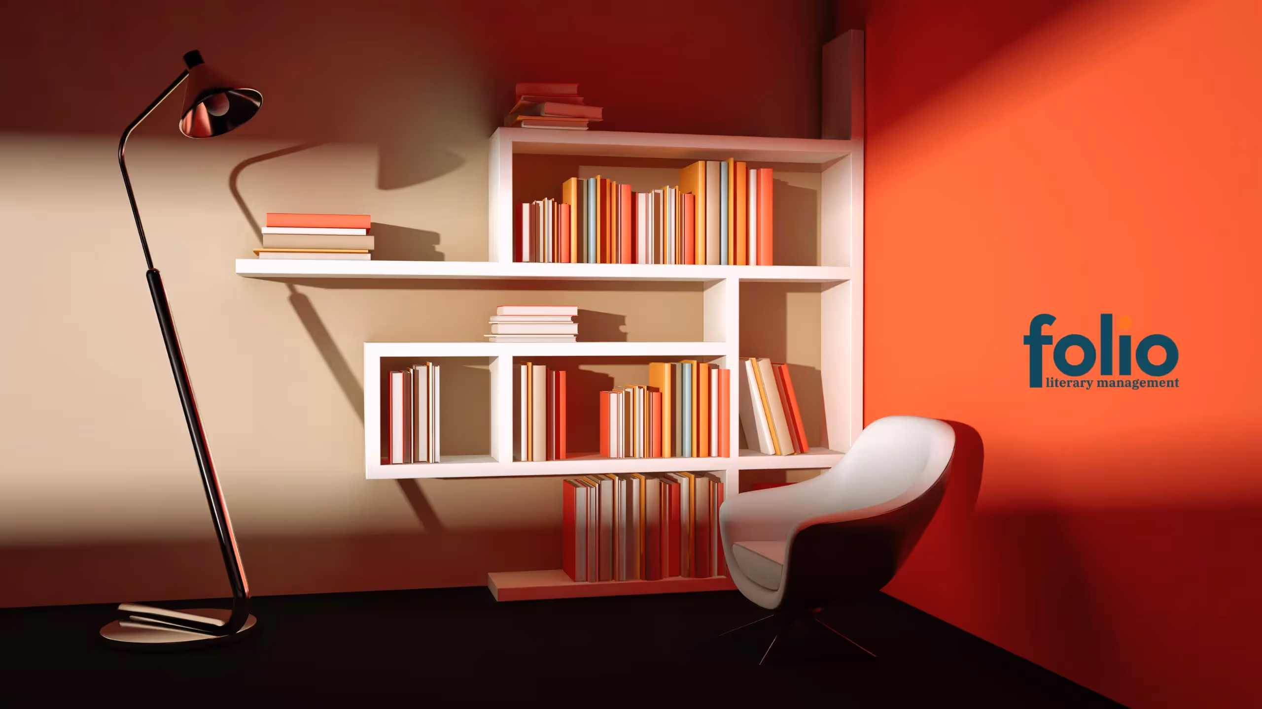 Bookshelf with desk and orange wall bearing the logo for Folio Literary Management.