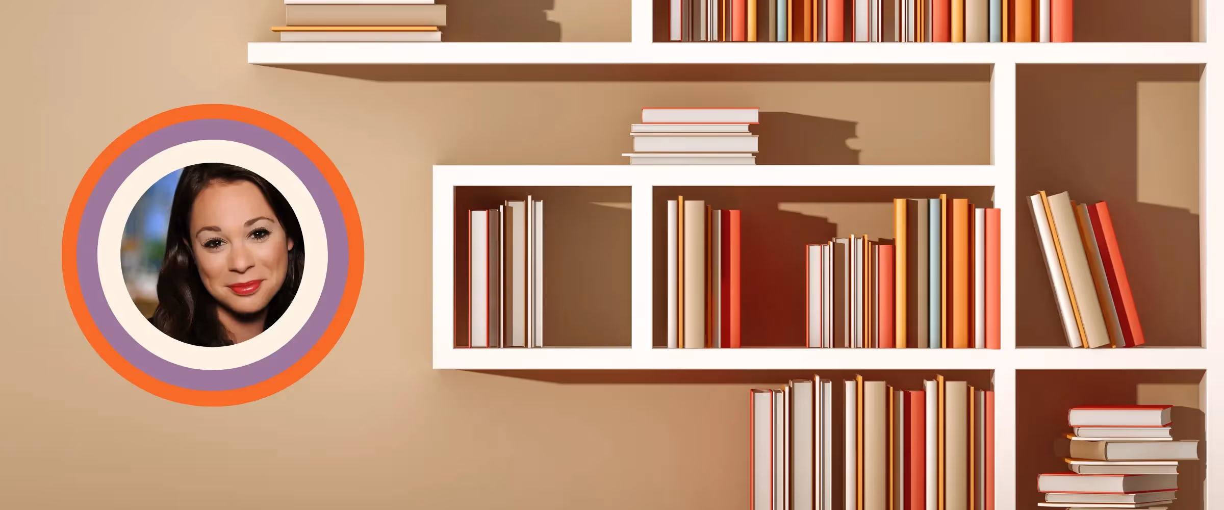 illustration of a bookshelf featuring piles of books against a beige background with a photo of Folio literary agent Erin Harris in a circle