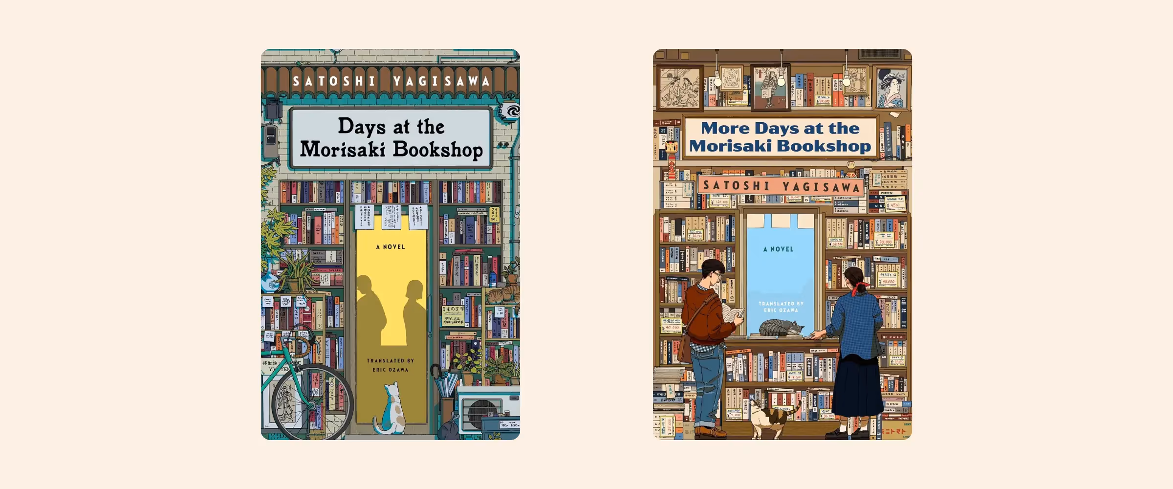 Covers of the books Days at the Morisaki Bookshop and More Days at the Morisaki Bookshop by Satoshi Yagisawa, translated by Eric Ozawa.