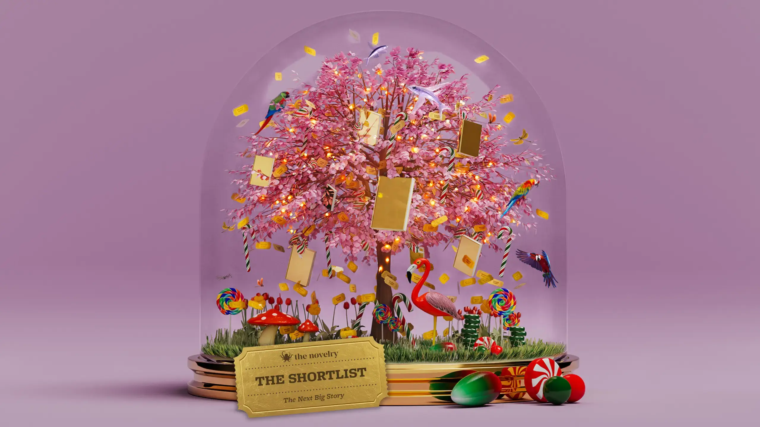 A snowglobe containing a blossoming pink tree and decorated with golden books.
