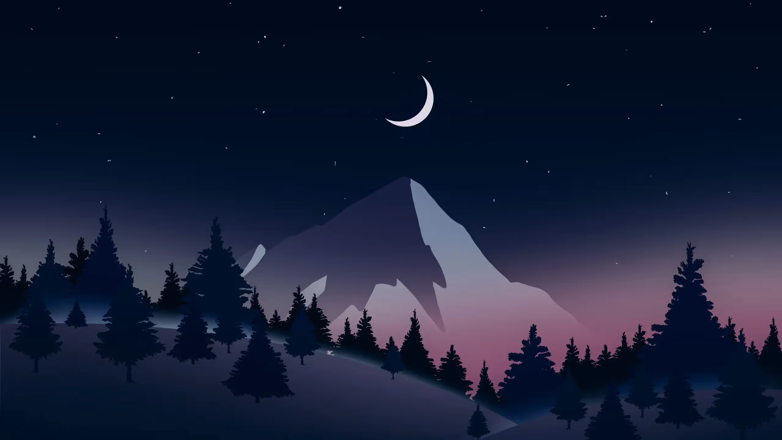 Graphic illustration of a forested landscape, against a mountain backdrop and starry night sky, in shades of blue and purple.