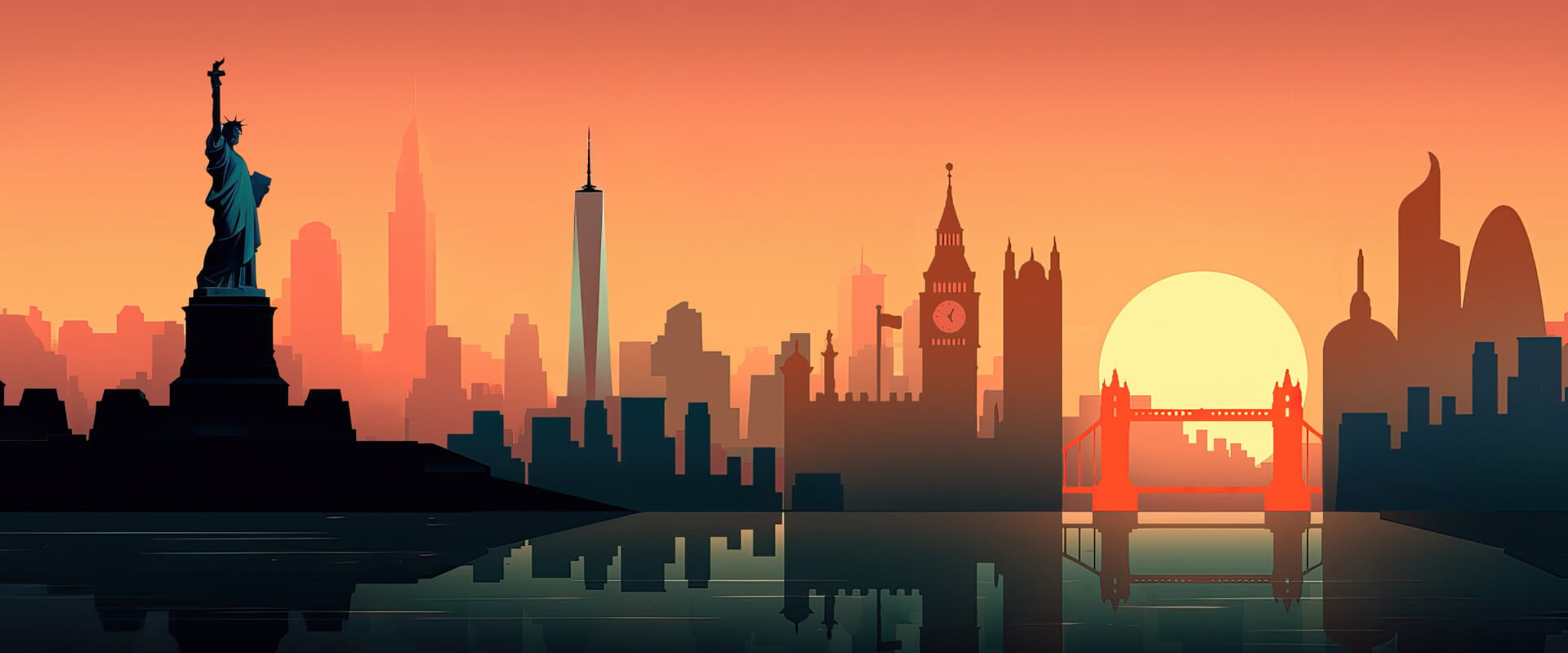 A graphic cityscape in shades of orange, showing famous landmarks such as the Empire State Building, One World Trade Center, and Big Ben.