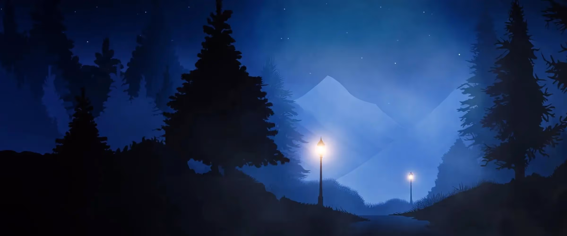 Graphic illustration of a dark lane lit by ornate lamps on a starry night.