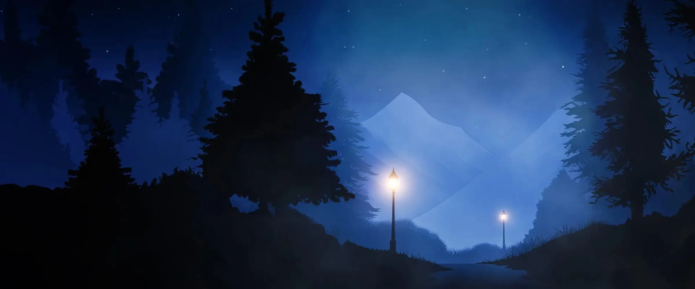 Graphic illustration of a dark lane lit by ornate lamps on a starry night.