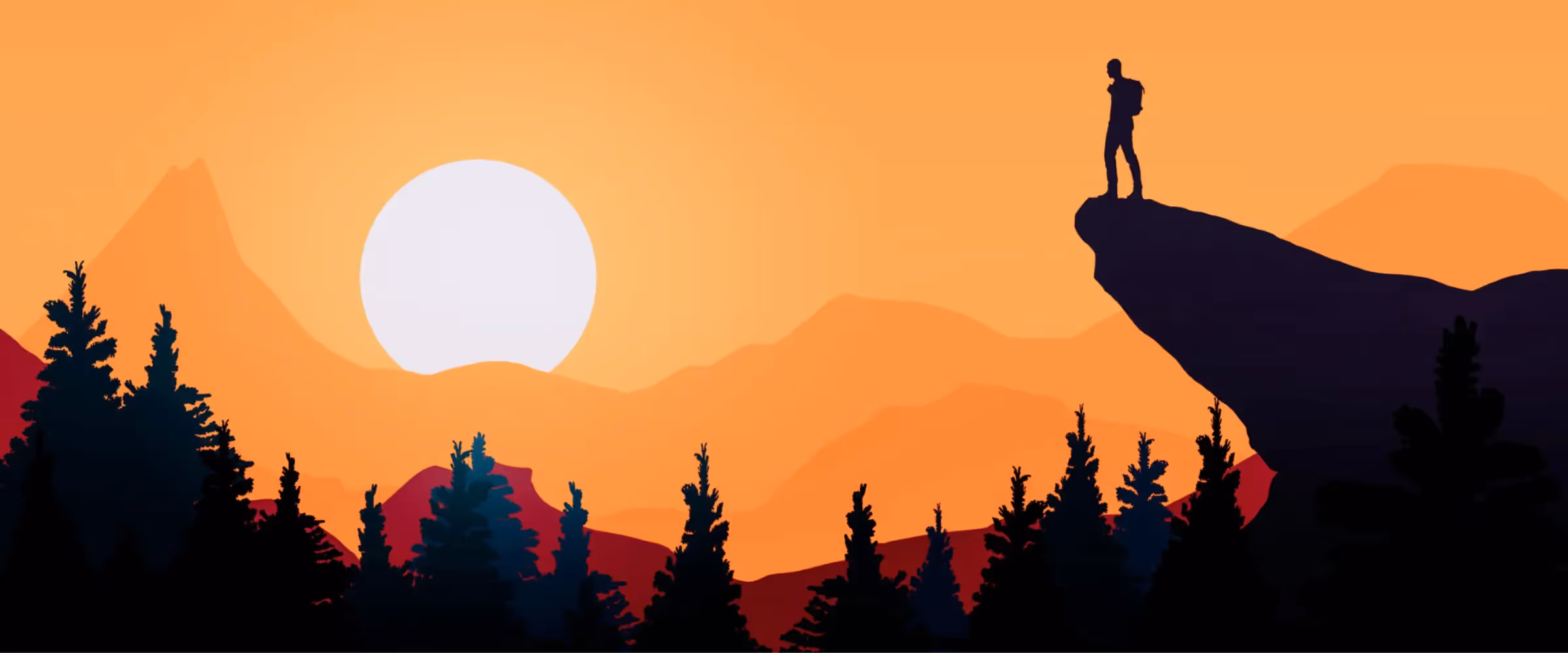 Graphic illustration of a figure standing on a bluff overlooking a forested landscape, with a low sun in an orange sky.