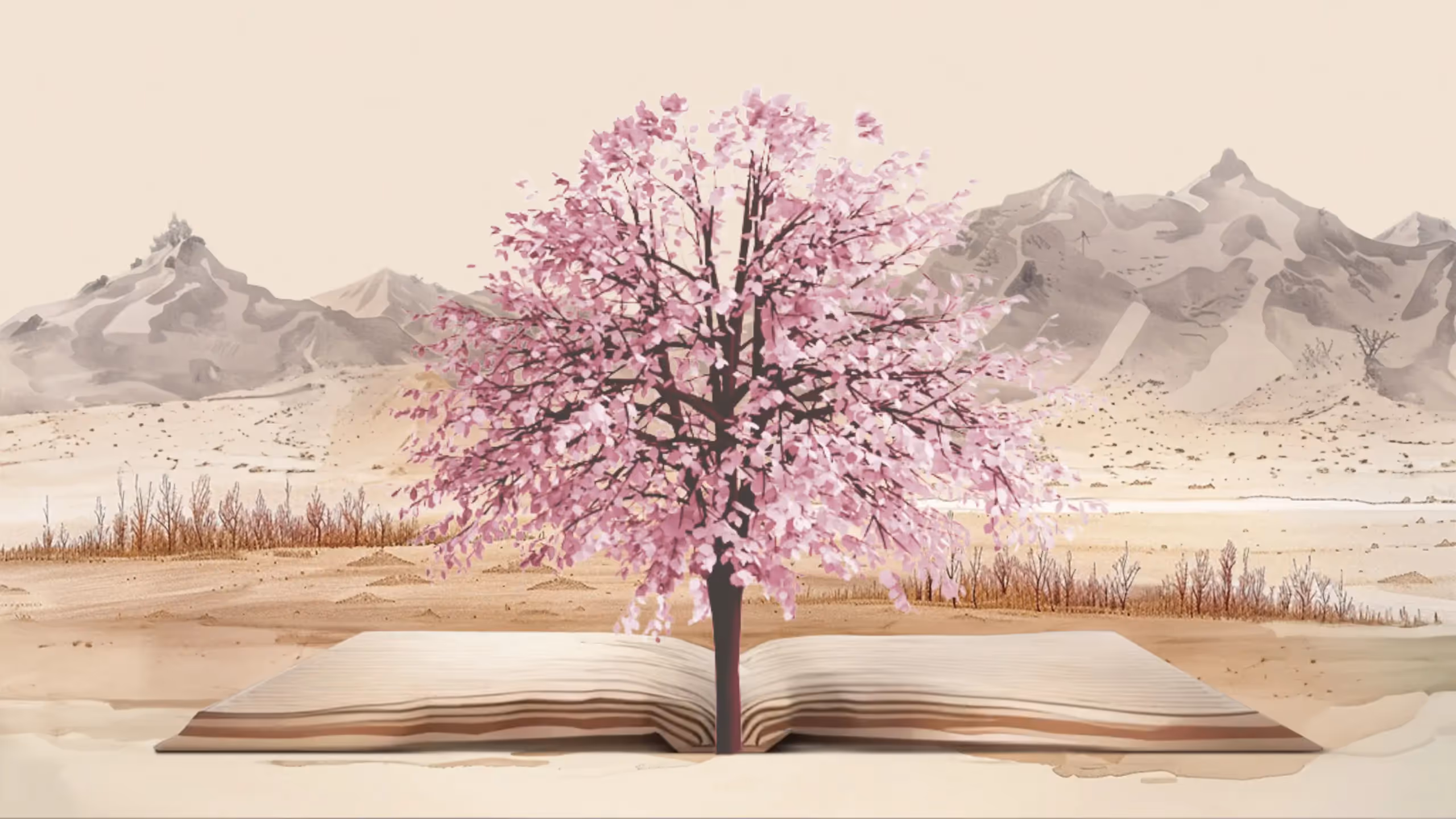 Illustration of a tree with pink blossom blooming from the pages of an open book.