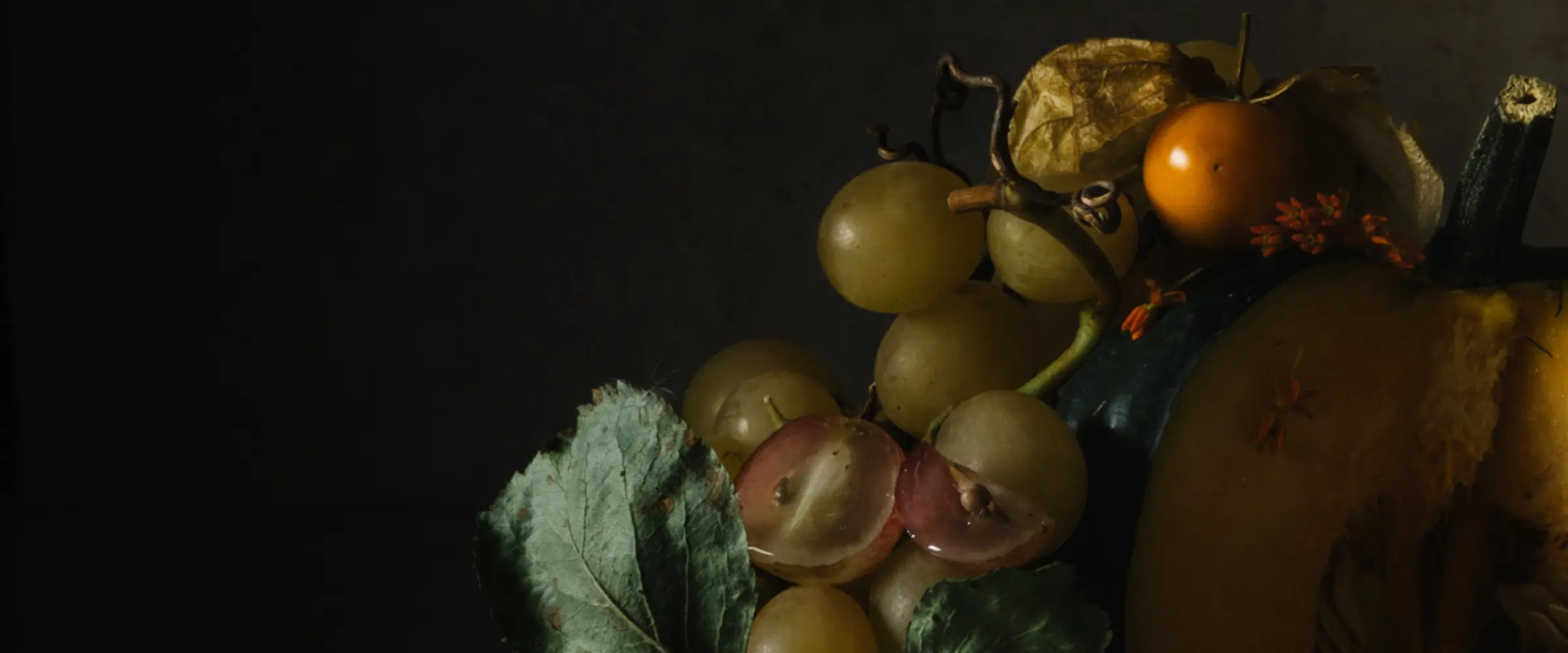 Fruits and flowers shine dimly against a dark background.