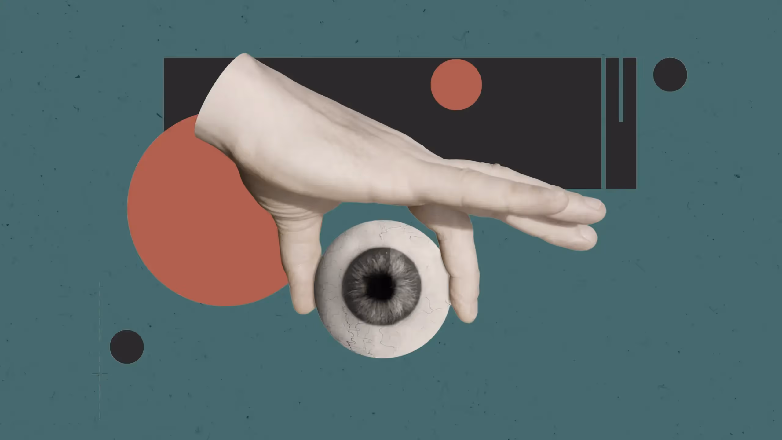 A hand holds an eyeball between finger and thumb in front of a background of graphic shapes.