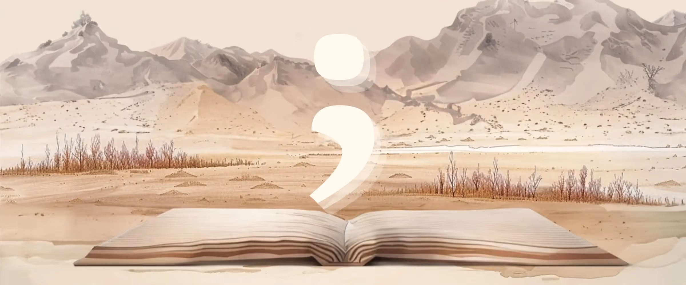 Illustration graphic of a semi-colon hovering above the pages of an open book.