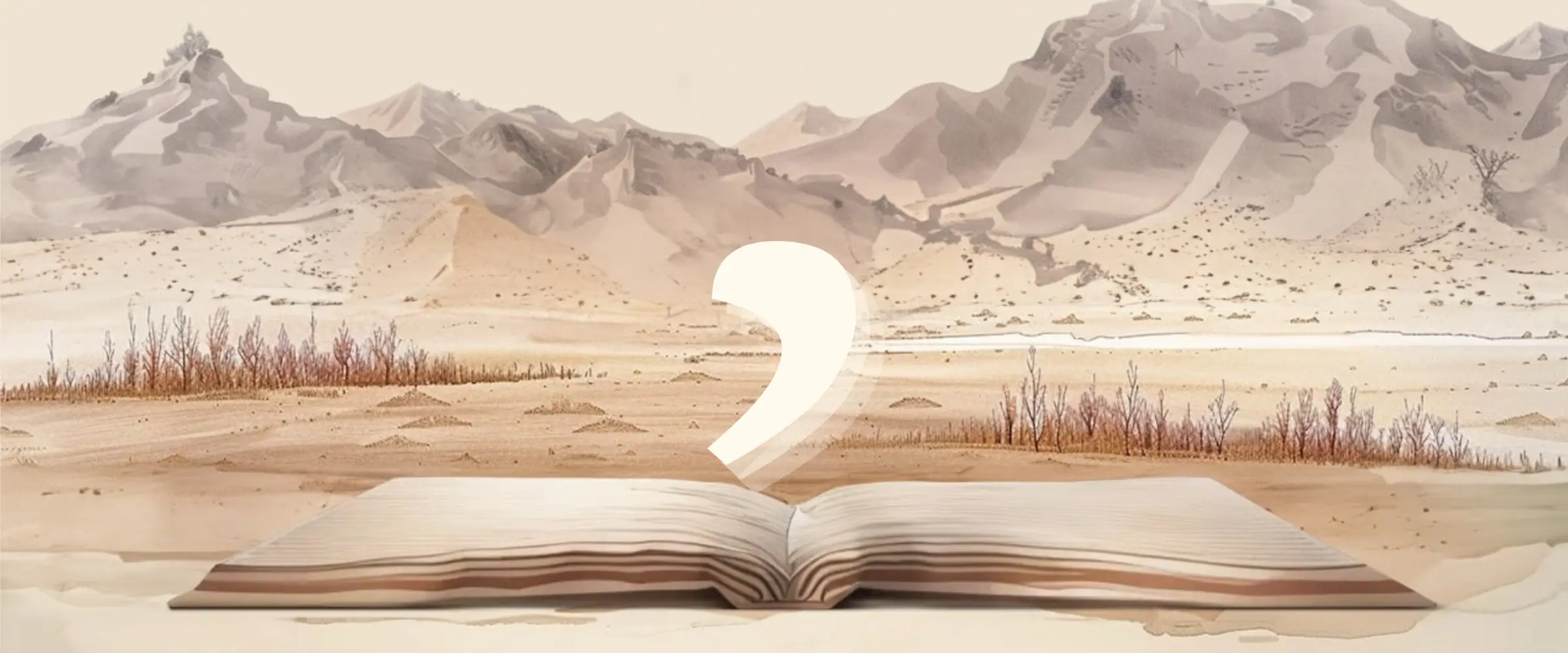 Illustration graphic of a comma hovering above the pages of an open book.