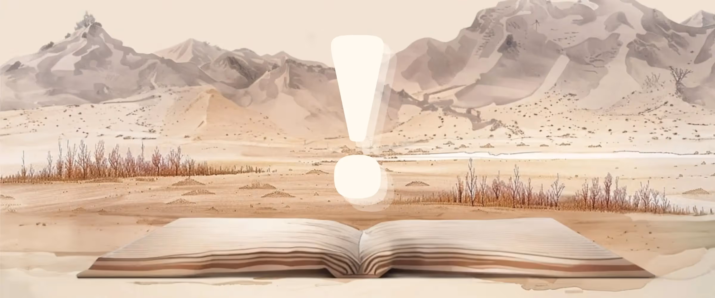 Illustration graphic of an exclamation mark hovering above the pages of an open book.