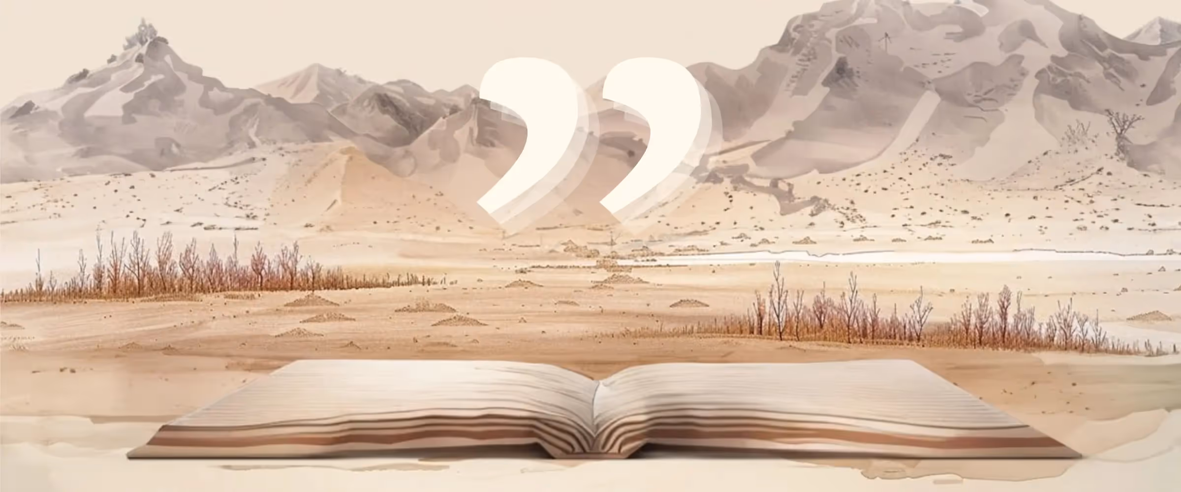 Illustration graphic of a speech mark, or quotation mark, hovering above the pages of an open book.