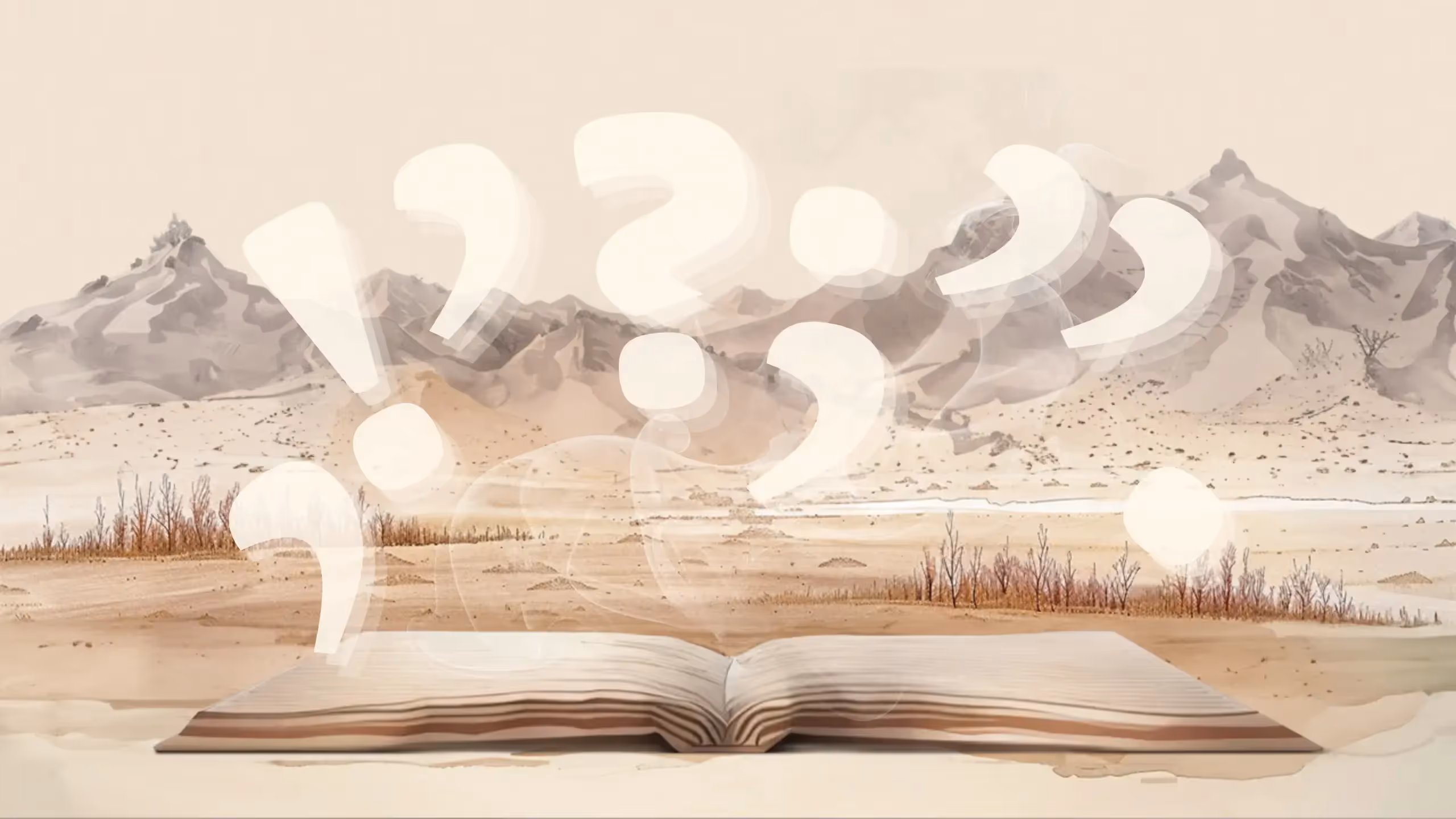 A range of different punctuation marks hover over the pages of an open book against an illustrated mountain landscape.