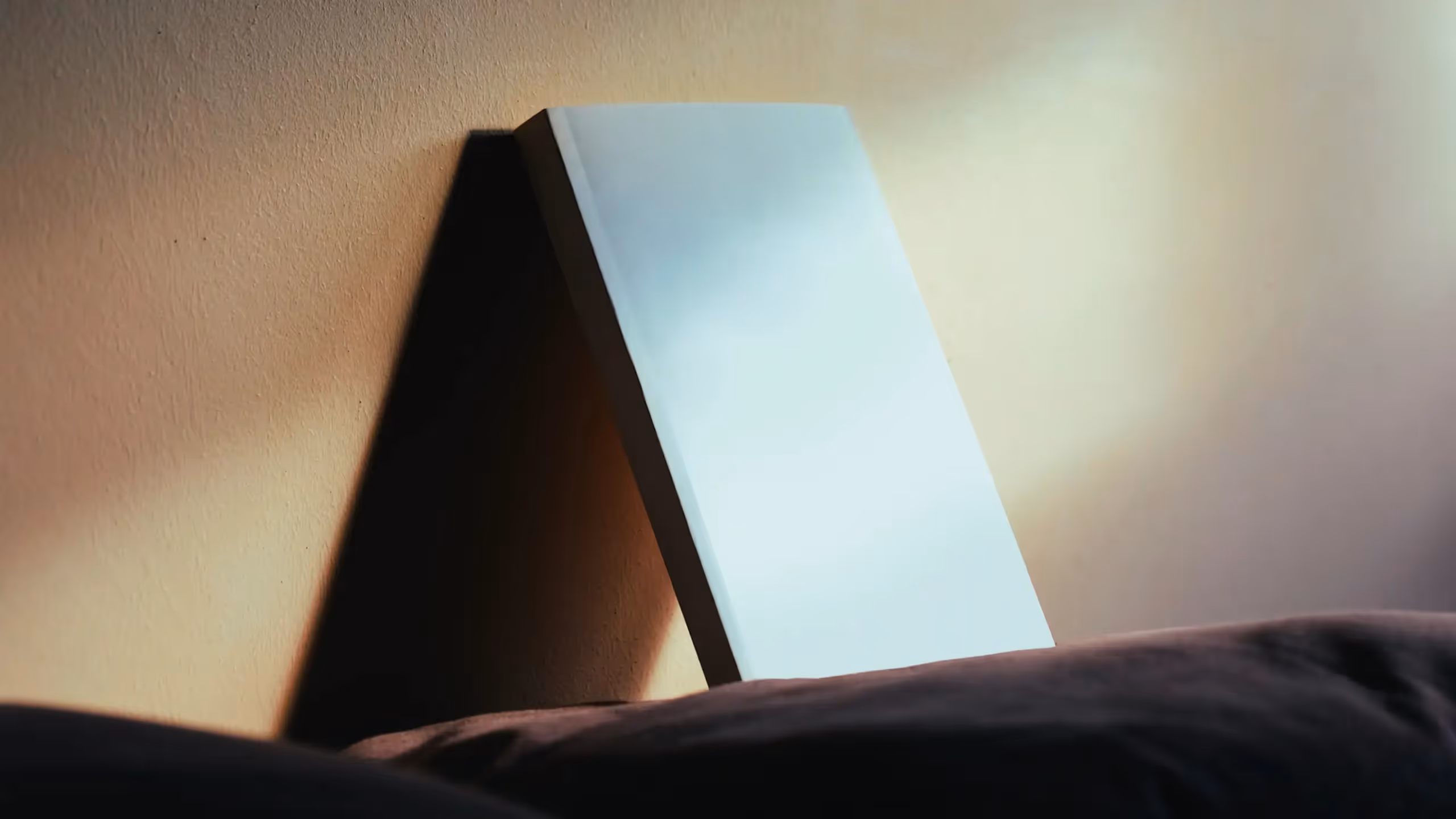 A thin novel with a plain cover propped up against the wall in sunlight.