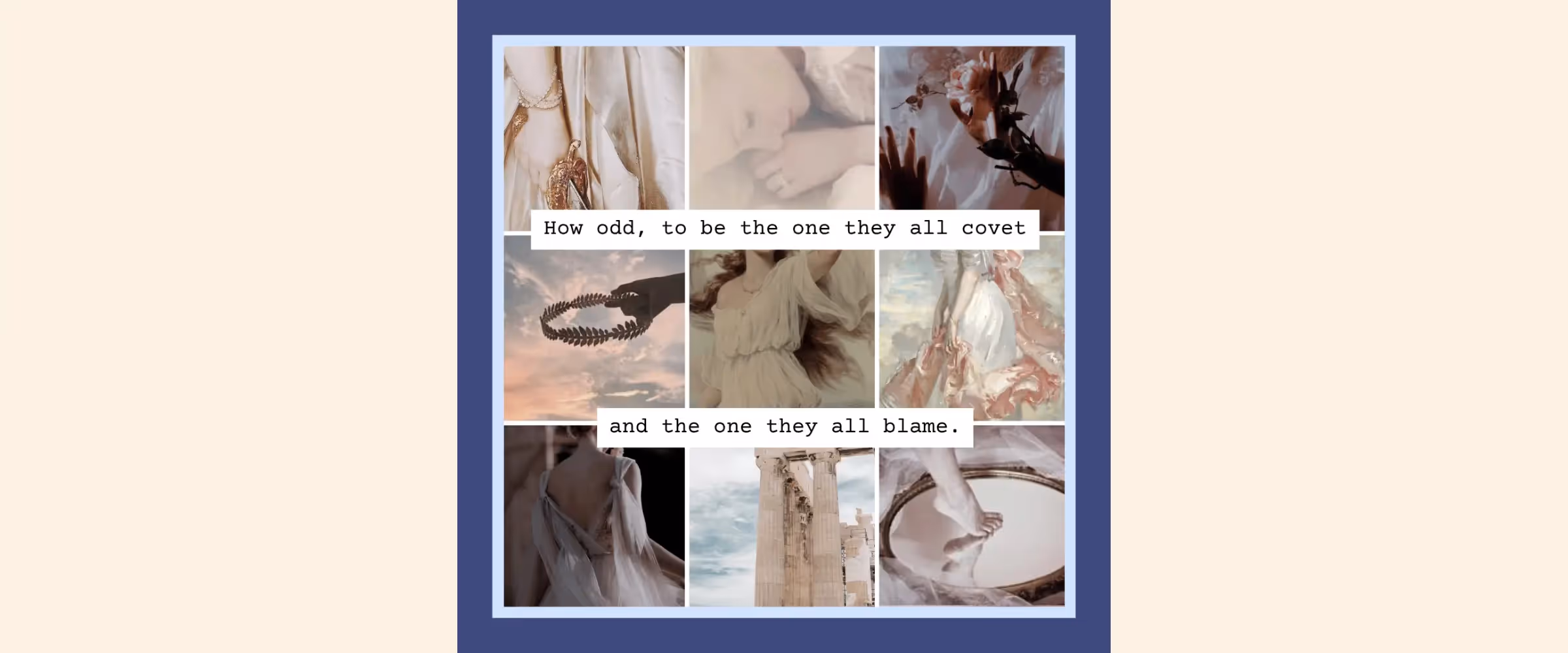 An artistic collage with ancient Greek themes set in a 9-image square layout.