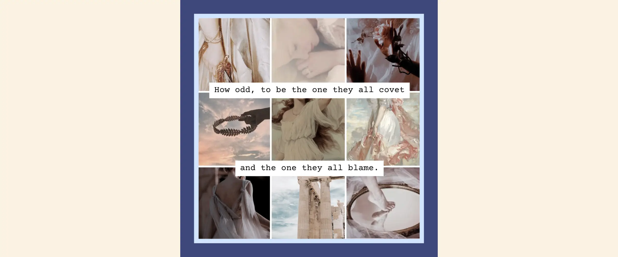 An artistic collage with ancient Greek themes set in a 9-image square layout.