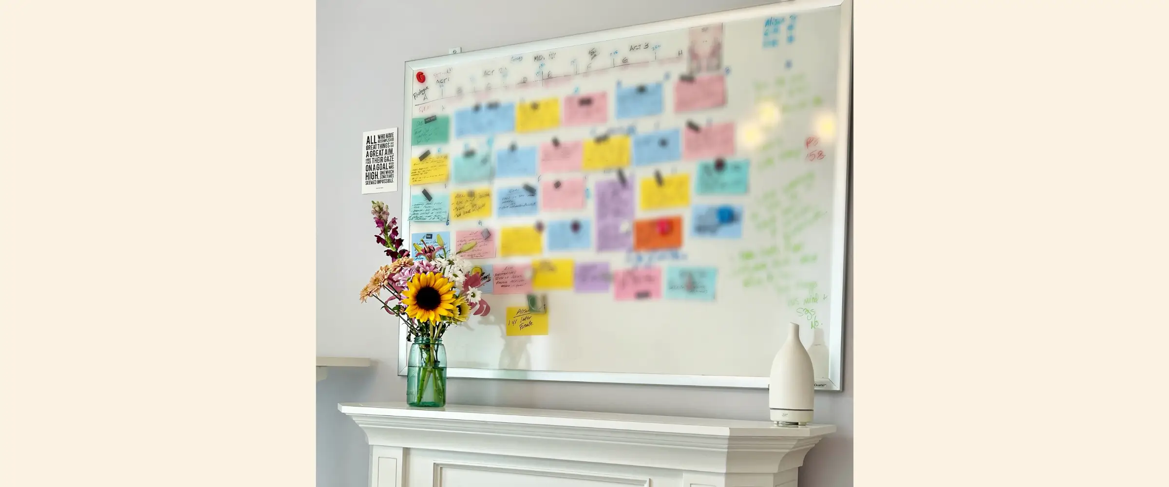 Colored notecards planned out on a whiteboard above a fireplace, with the written details blurred out.