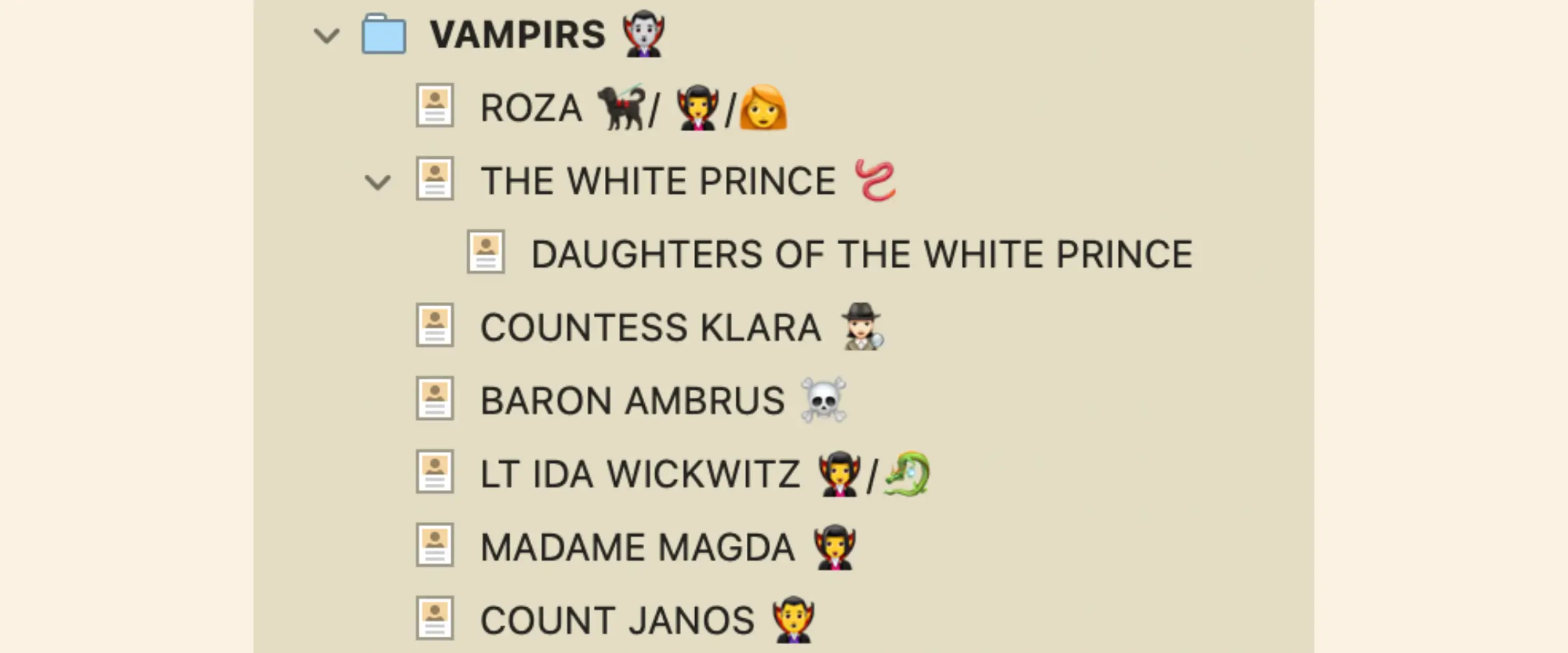 Screenshot image of organized software folders for elements of a novel about vampires.