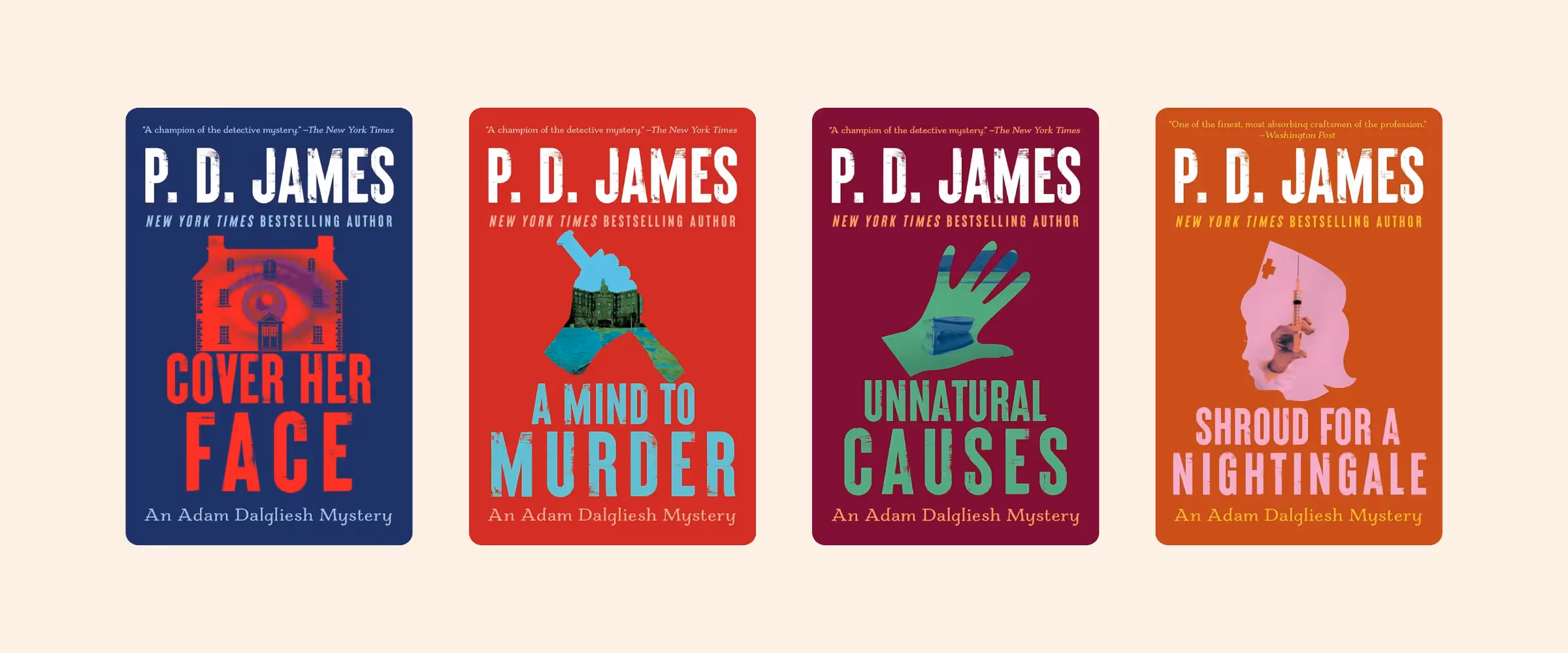 Covers of the first 4 novels in the Adam Dalgleish mystery series by P.D. James.