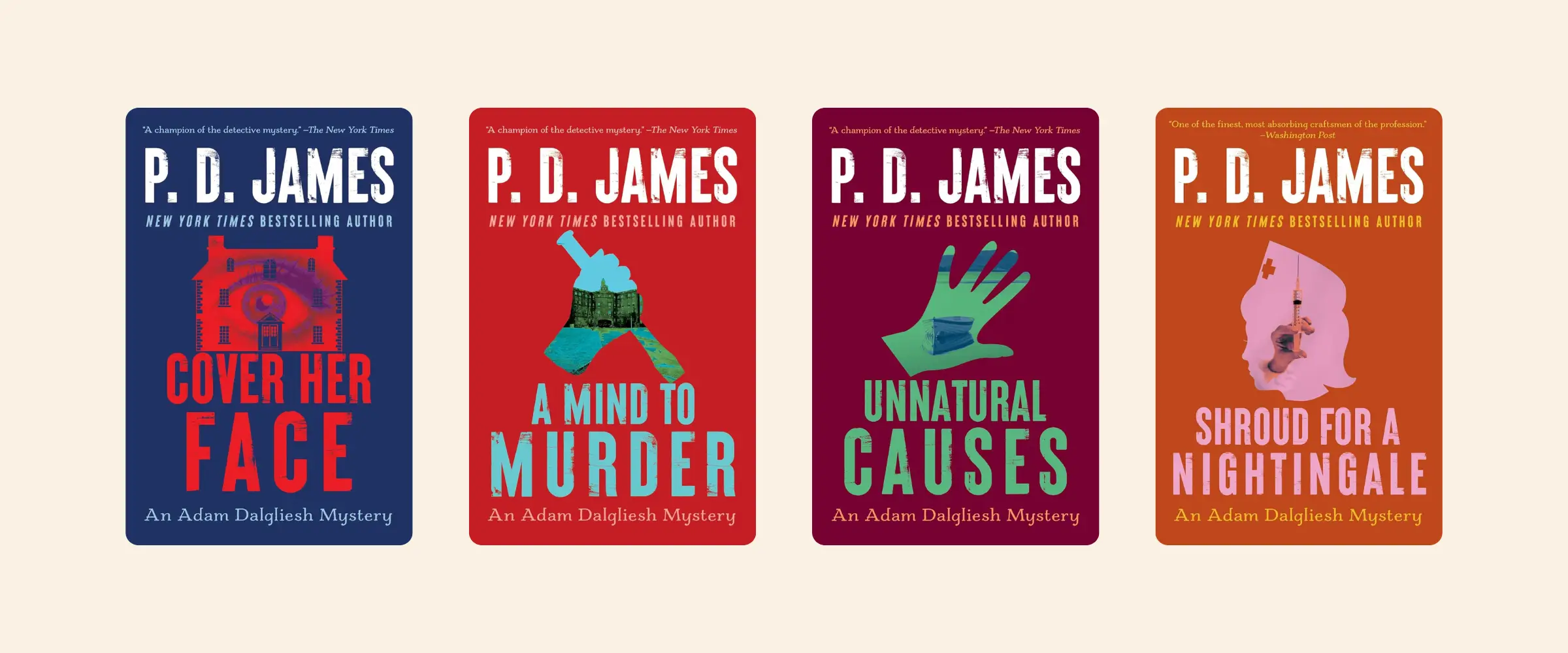 Covers of the first 4 novels in the Adam Dalgleish mystery series by P.D. James.