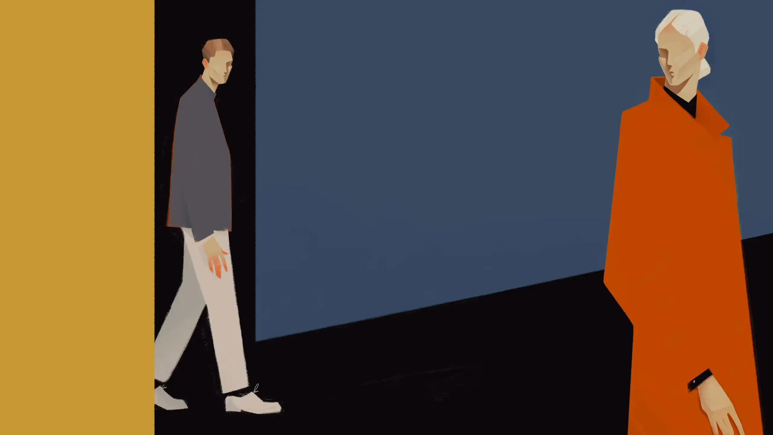 Ilustration of a female figure in the foreground, glancing over her shoulder at a man walking behind her.