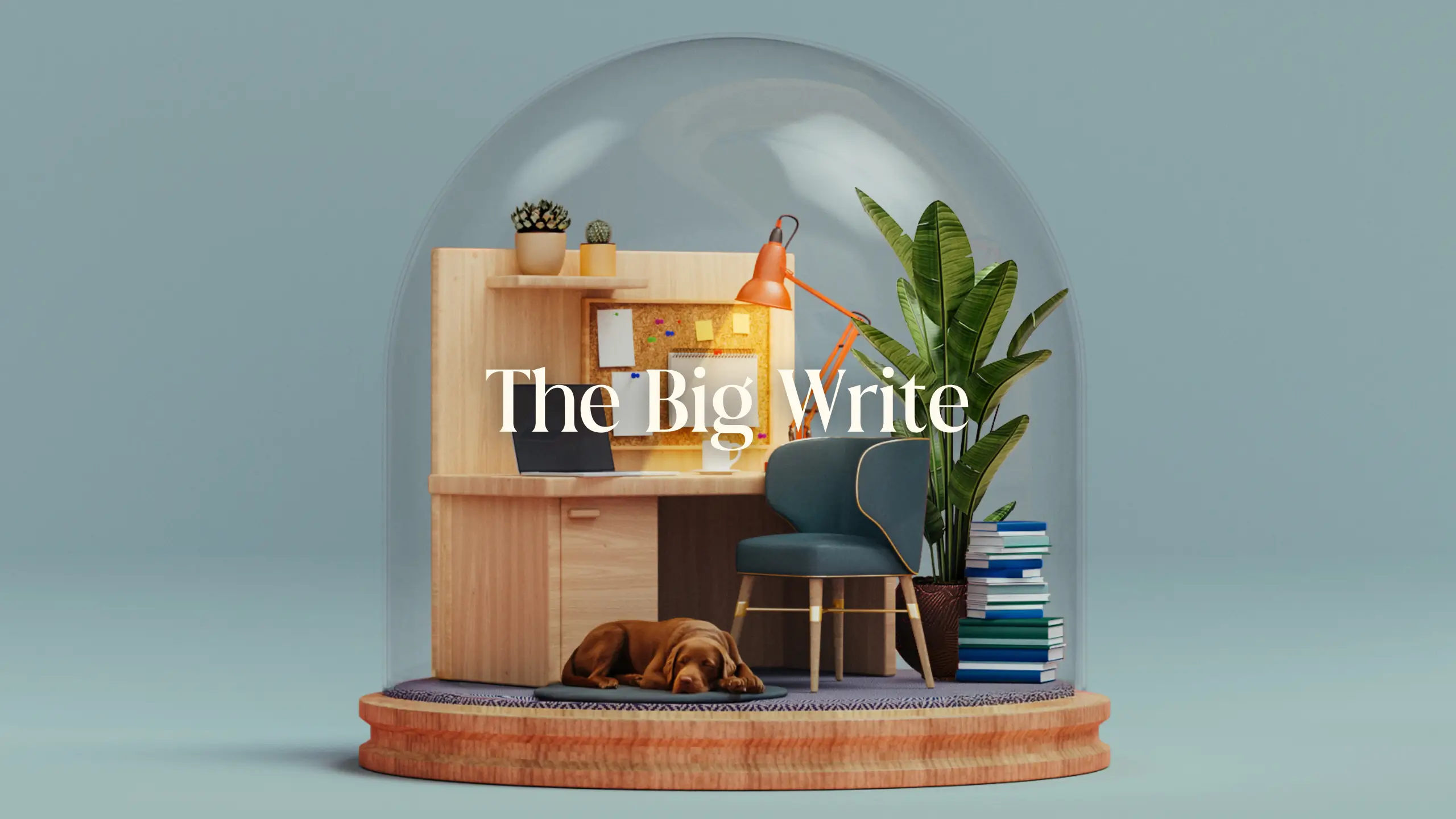 A glass globe containing a writer's desk and chair, a plant, stacks of books, and a dog, with the words THE BIG WRITE imposed over the top.