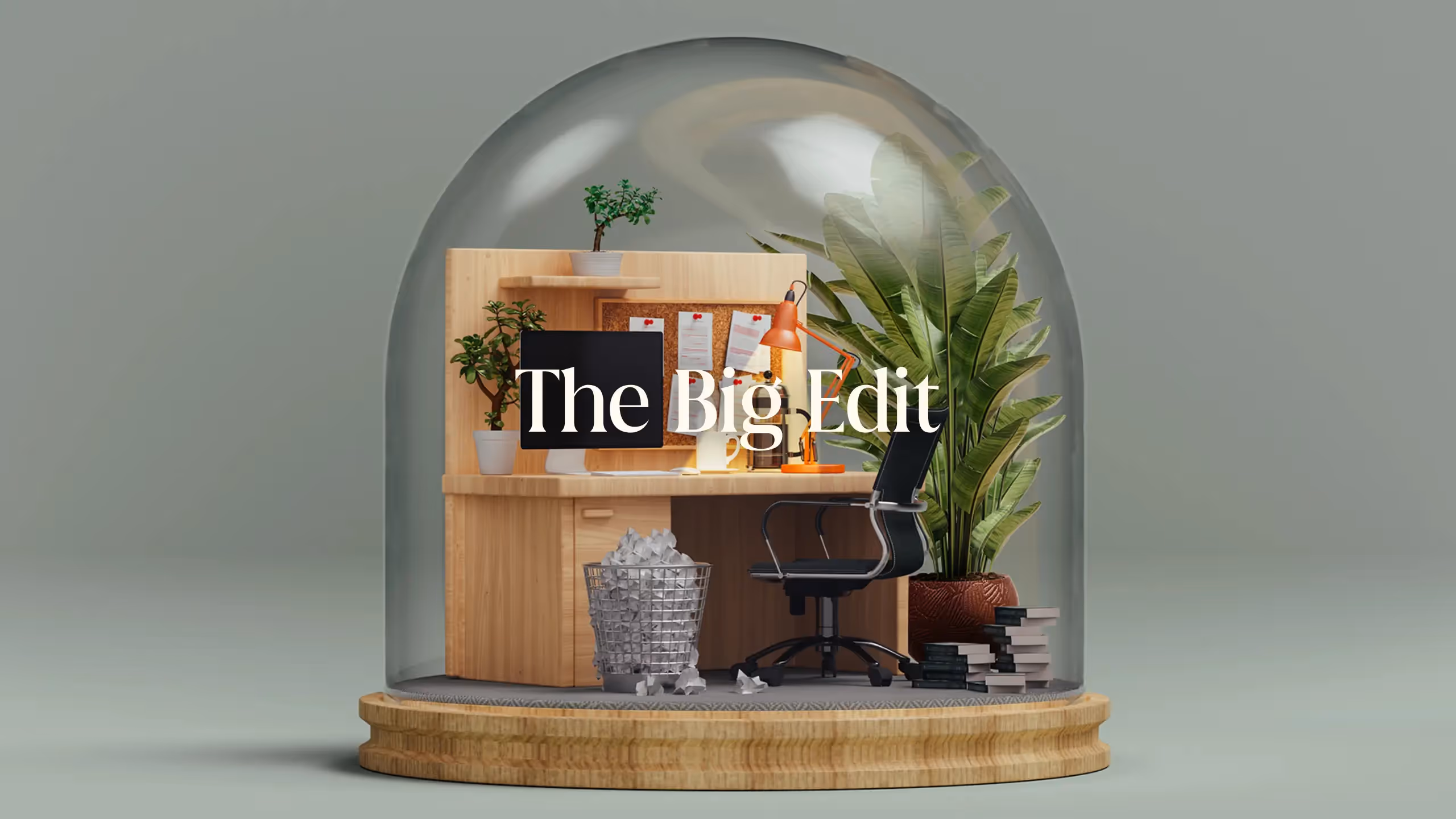 A glass globe containing a writer's desk and chair, several plants, and a waste bin full of paper, with the words THE BIG EDIT imposed over the top.