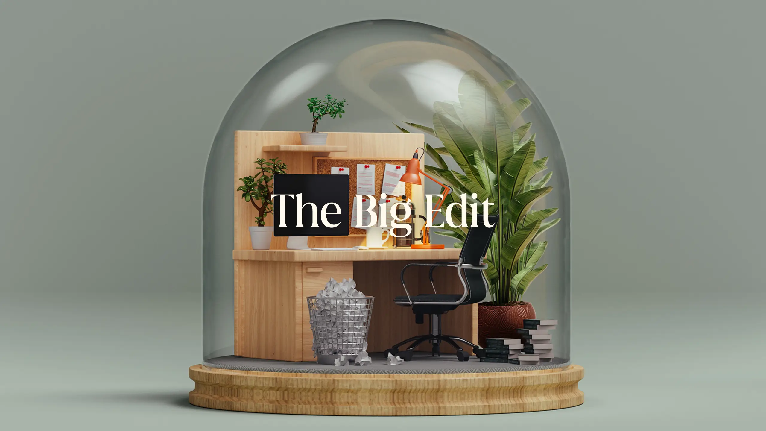 A glass globe containing a writer's desk and chair, several plants, and a waste bin full of paper, with the words THE BIG EDIT imposed over the top.