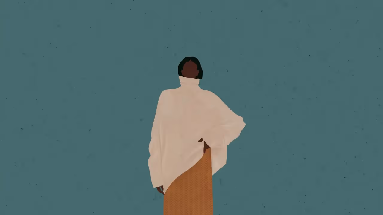 A figure wearing a large cream-colored rollneck sweater.