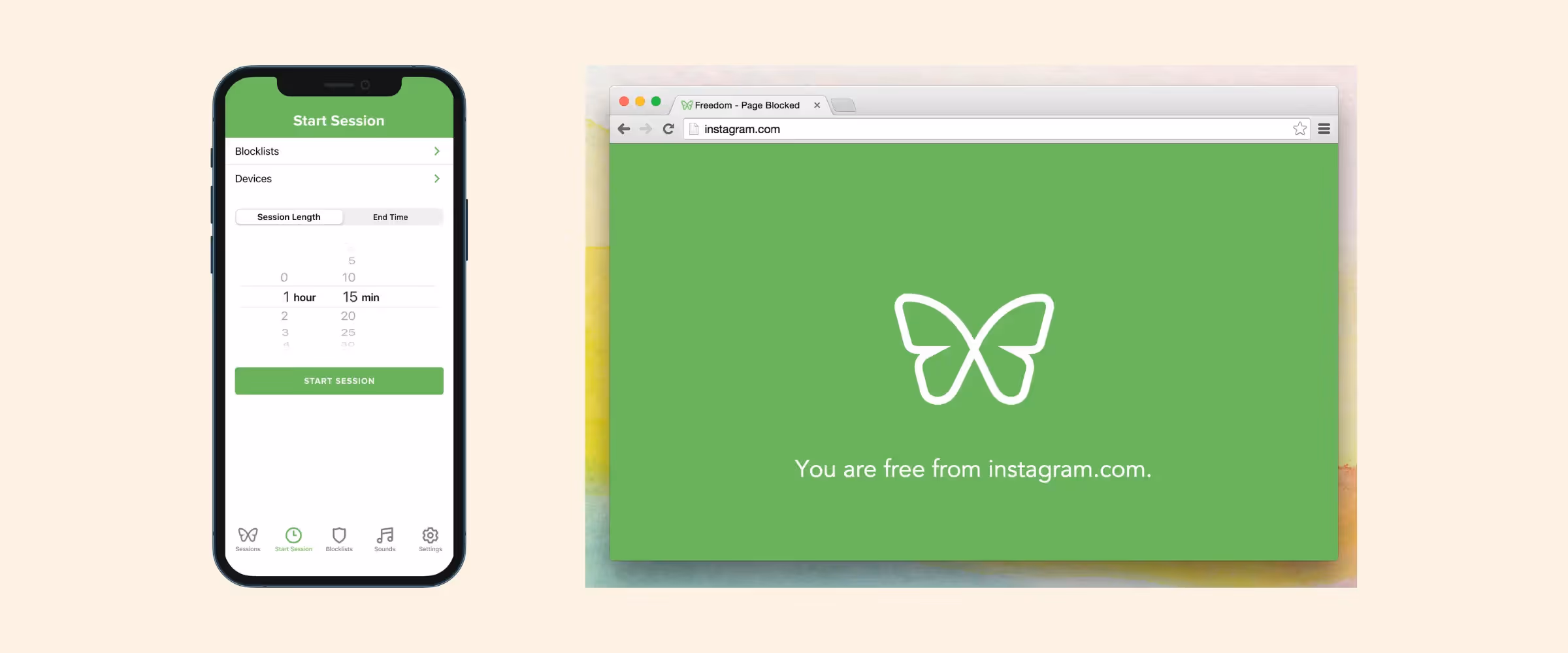 Screenshots of the Freedom app, helping consumers block sites on devices to enable focus.