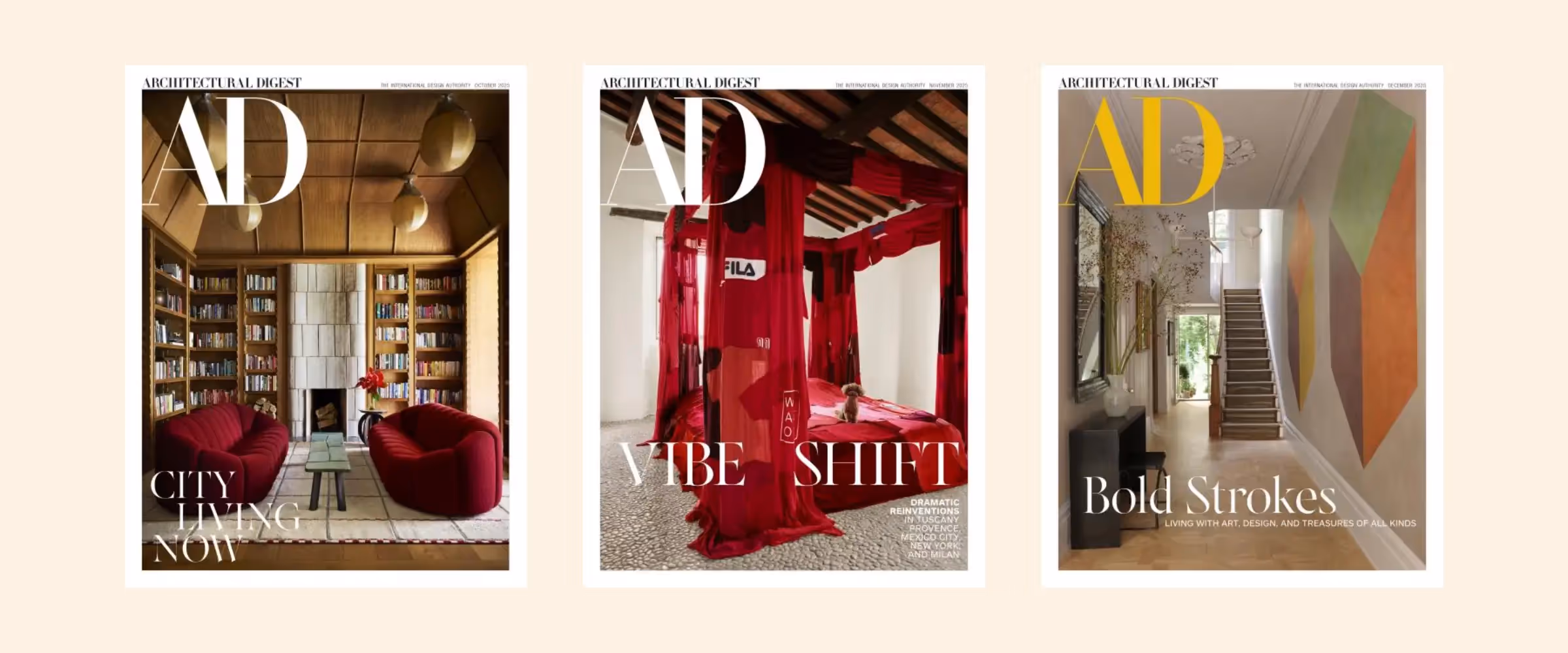 Covers of three issues of Architectural Digest magazine.