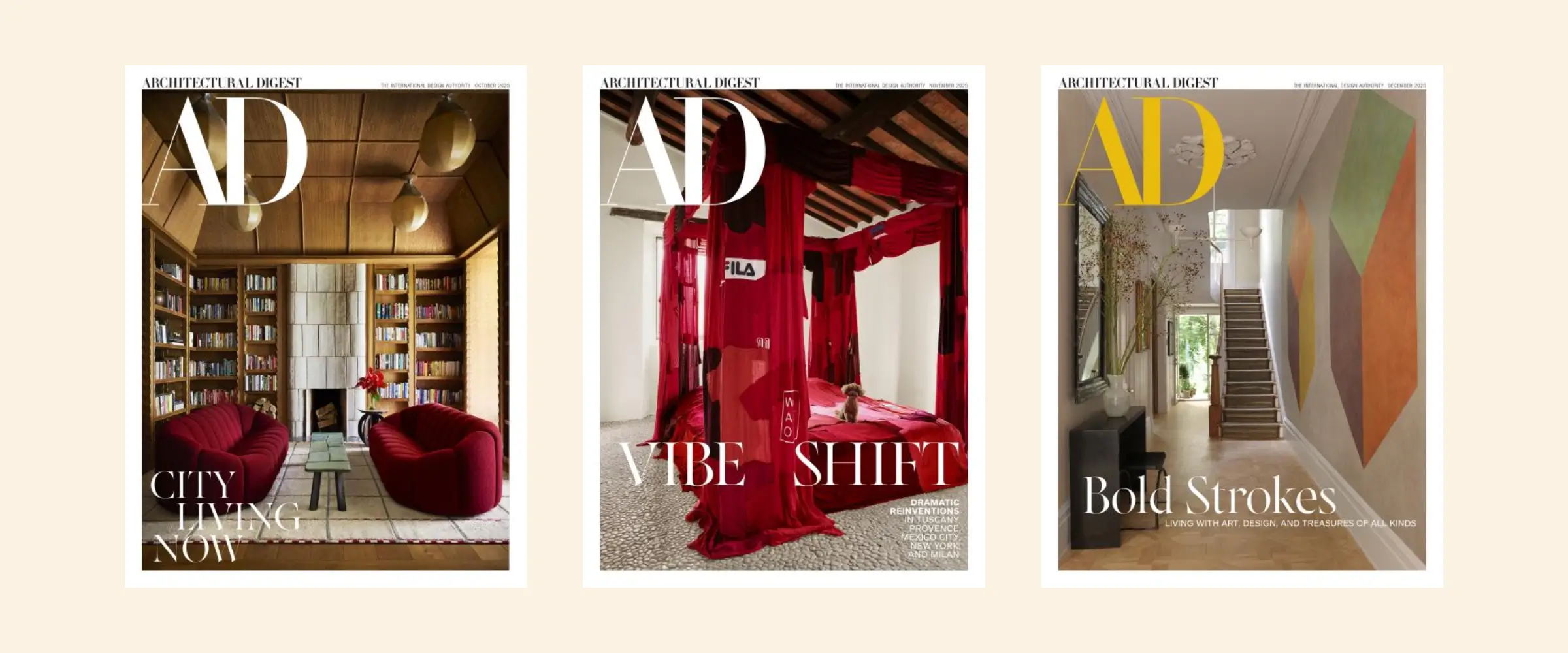 Covers of three issues of Architectural Digest magazine.