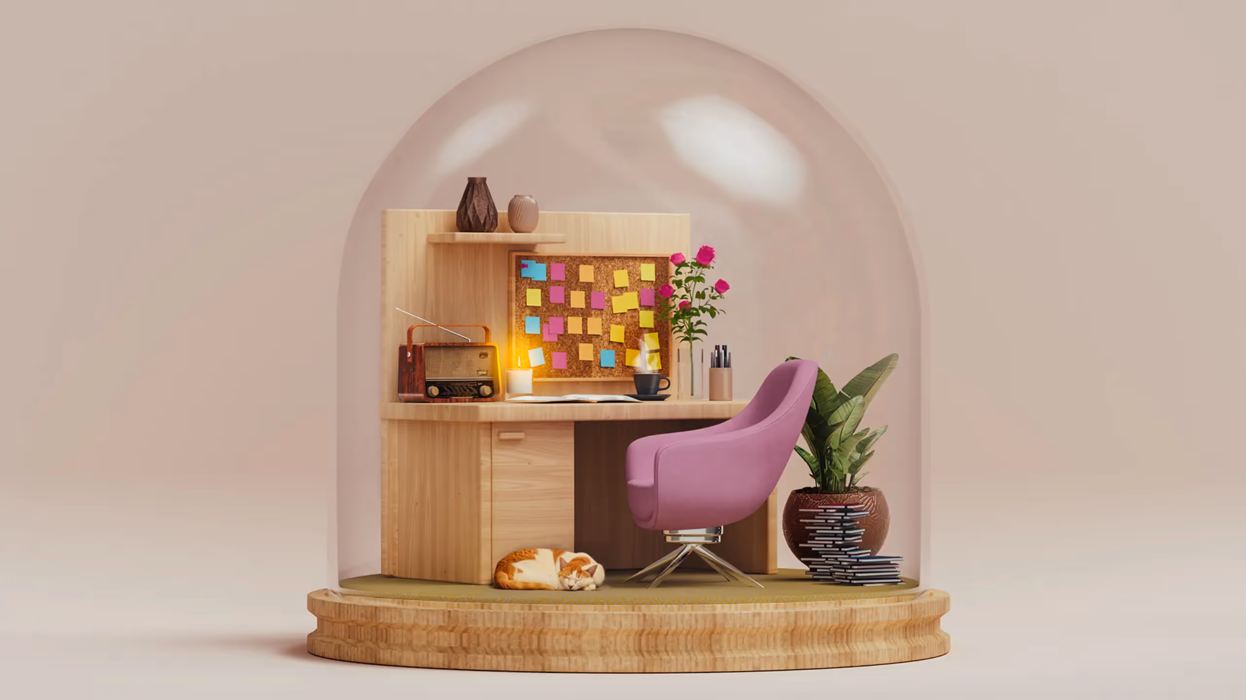 A writer's desk in warm colors, with a cat sleeping on the floor, inside a glass globe.